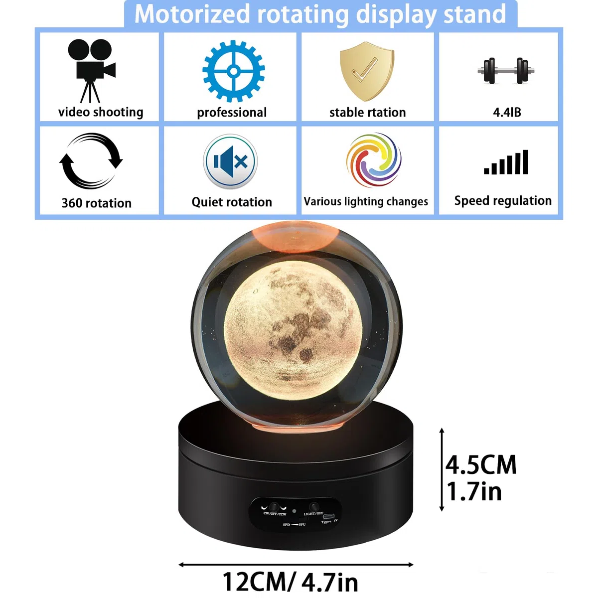 Base giratoria eléctrica 12cm Plataforma Rotatoria con iluminación LED giratoria eléctrica para fotografía de 360 Grados, Plato Giratorio para fotografía, grabación de vídeo, presentaciones de Joyas