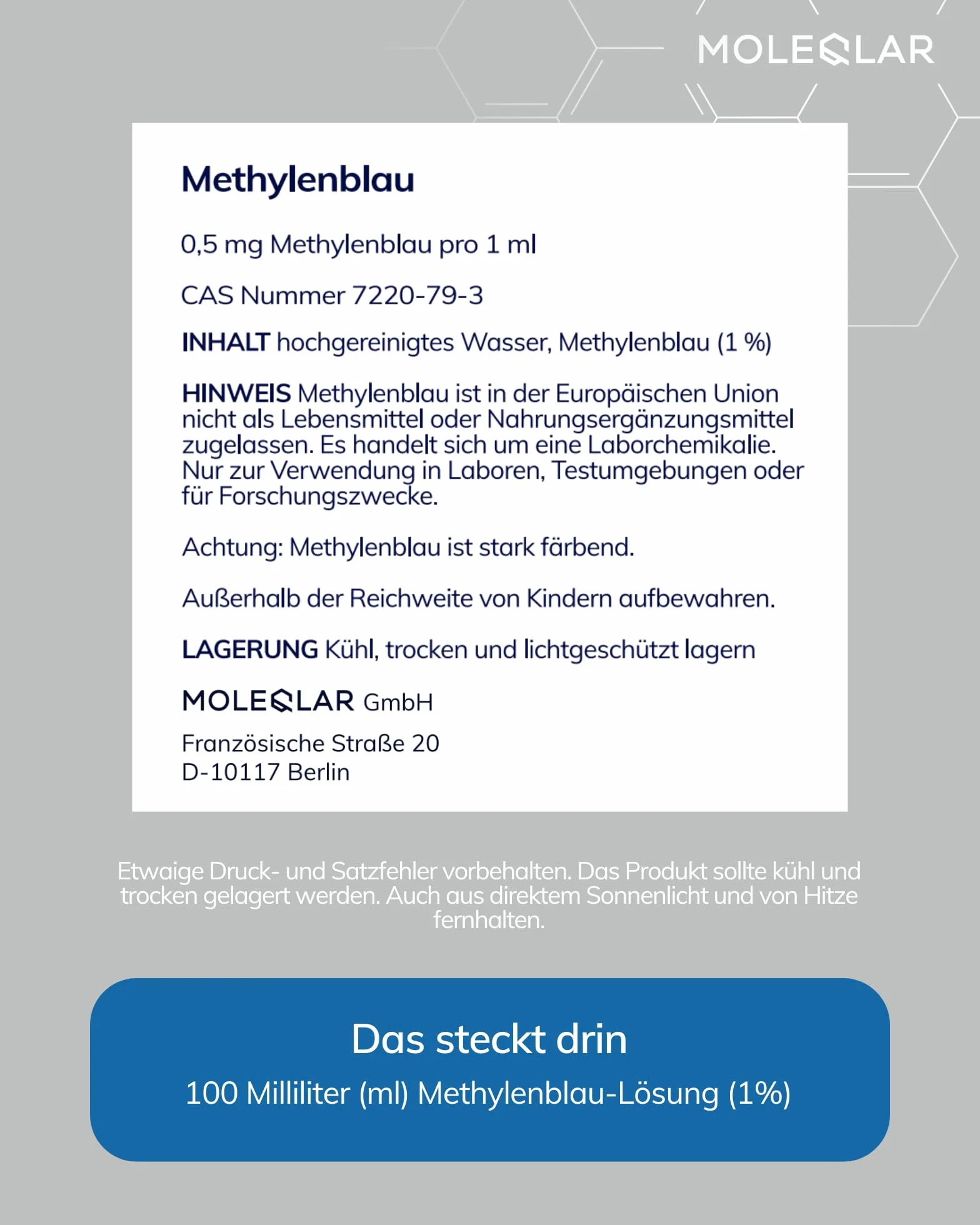 MoleQlar Azul de metileno 1% solución 100 ml – Calidad premium – Pharmacéuticamente puro – Probado en laboratorios alemanes independientes – Con pipeta – Fabricado en Alemania