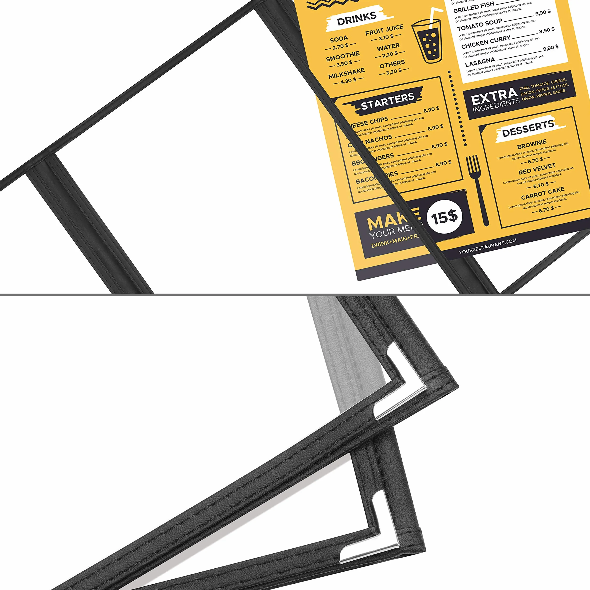 Kurtzy Funda para Cartas de Restaurantes Tres Pliegues A4 (Pack de 5) 3 Pliegues Vista Doble Estilo Americano - Fundas de Cartas Negras Protectores de Esquina – para Restaurantes, Bares, Cafés