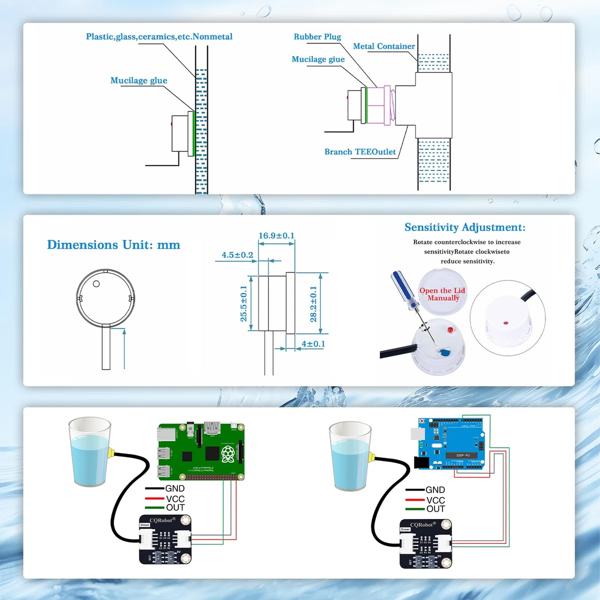 CQRobot Non-Contact Water/Liquid Level Sensor Compatible with Arduino, Raspberry Pi and Other Motherboards. for Industrial Production, Aquarium, Chemical Solution, Agriculture, Gardening, etc.