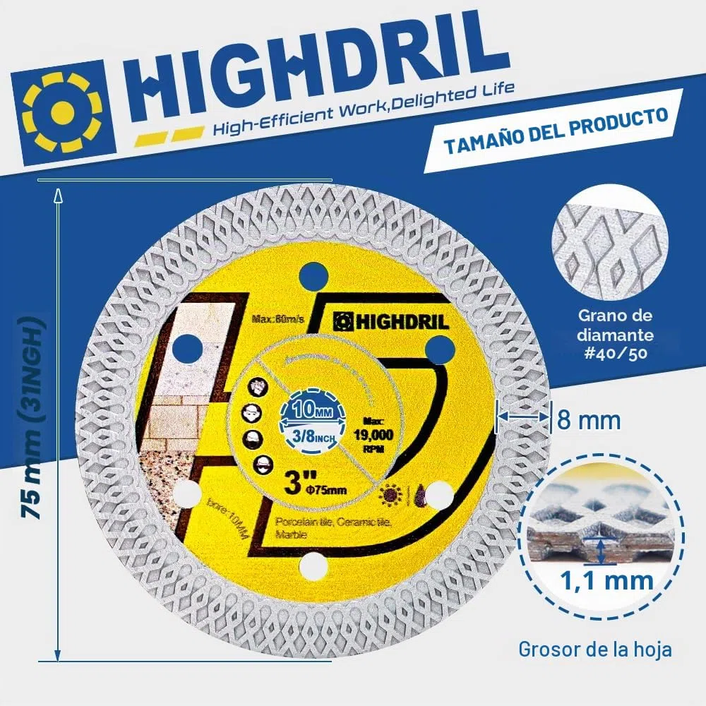 HIGHDRIL Disco Diamante para Porcelánico 75mm - 2piezas Discos Corte para Cerámica Porcelánico Mármol Granito Piedra Artificial