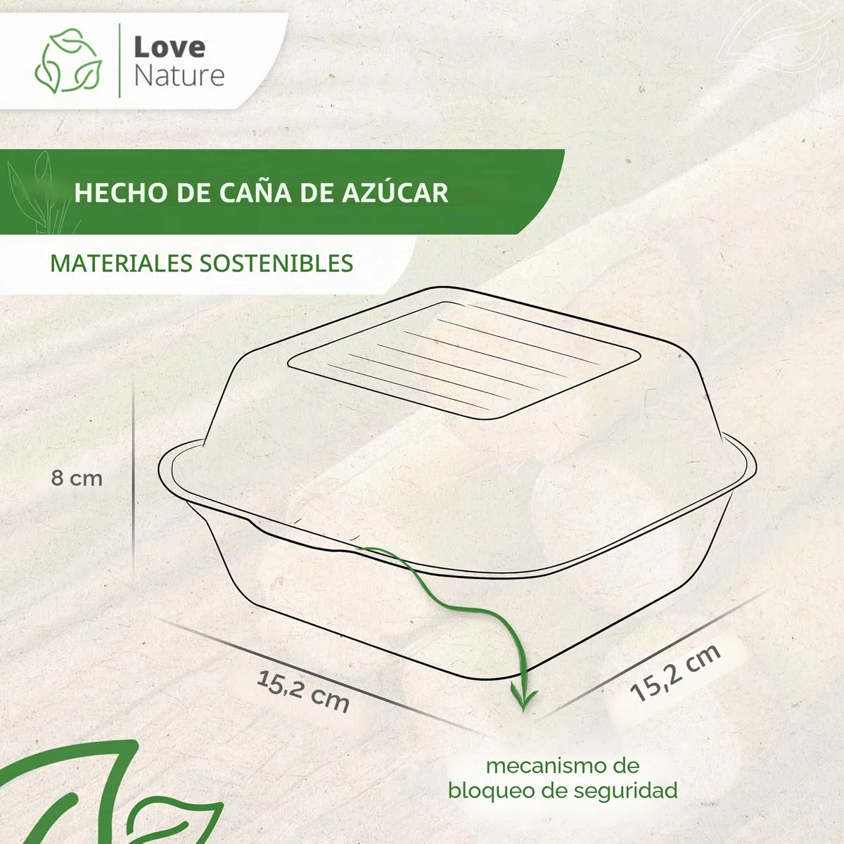Love Nature Embalaje ecológico para hamburguesas - Cajas para hamburguesas - Bandejas para menús - Vajilla desechable de caña de azúcar - Caja para menús desechable