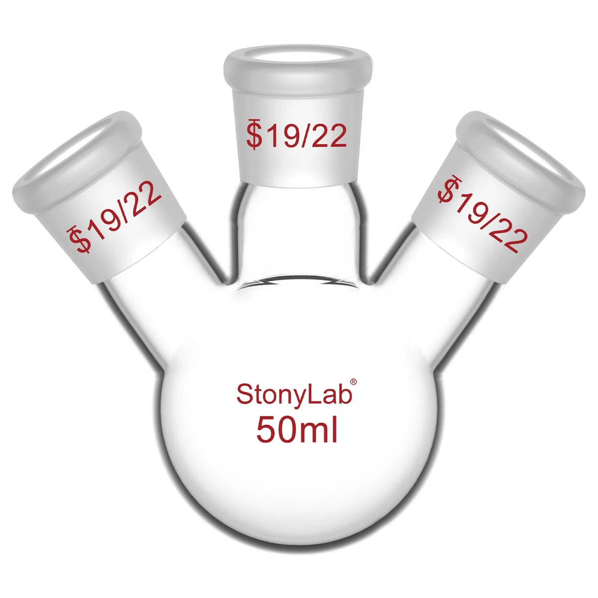 StonyLab 3-Cuello Matraz Redondo en borosilicato vidrio, con 19/22 Conjunta Externa Cónica Estándar de Centro/Lado, 3 Neck Round Bottom Flask (50 ml)