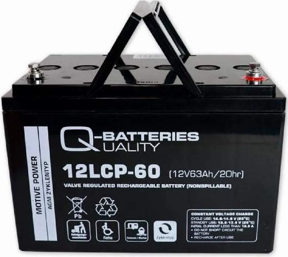 Q-Batteries Batería de Plomo 12LCP-60/12 V – 63 Ah (C20), Tipo de Ciclo AGM – Deep Cycle VRLA