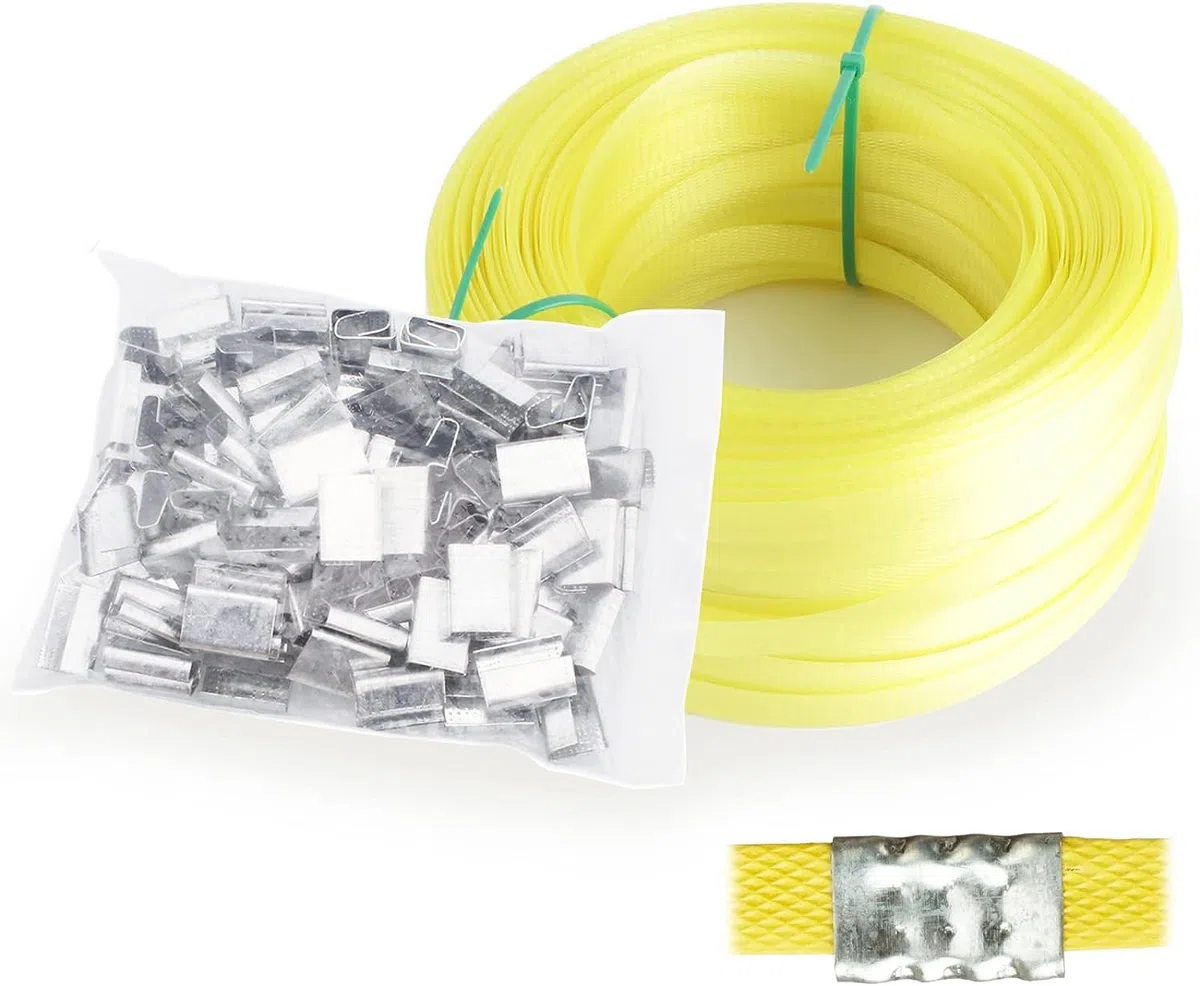 Fleje de embalaje Clips de fleje de hoja de hierro con hebillas de embalaje, correas de embalaje y bridas para cables, kit de herramientas de flejado manual, correas de PP de 100 m