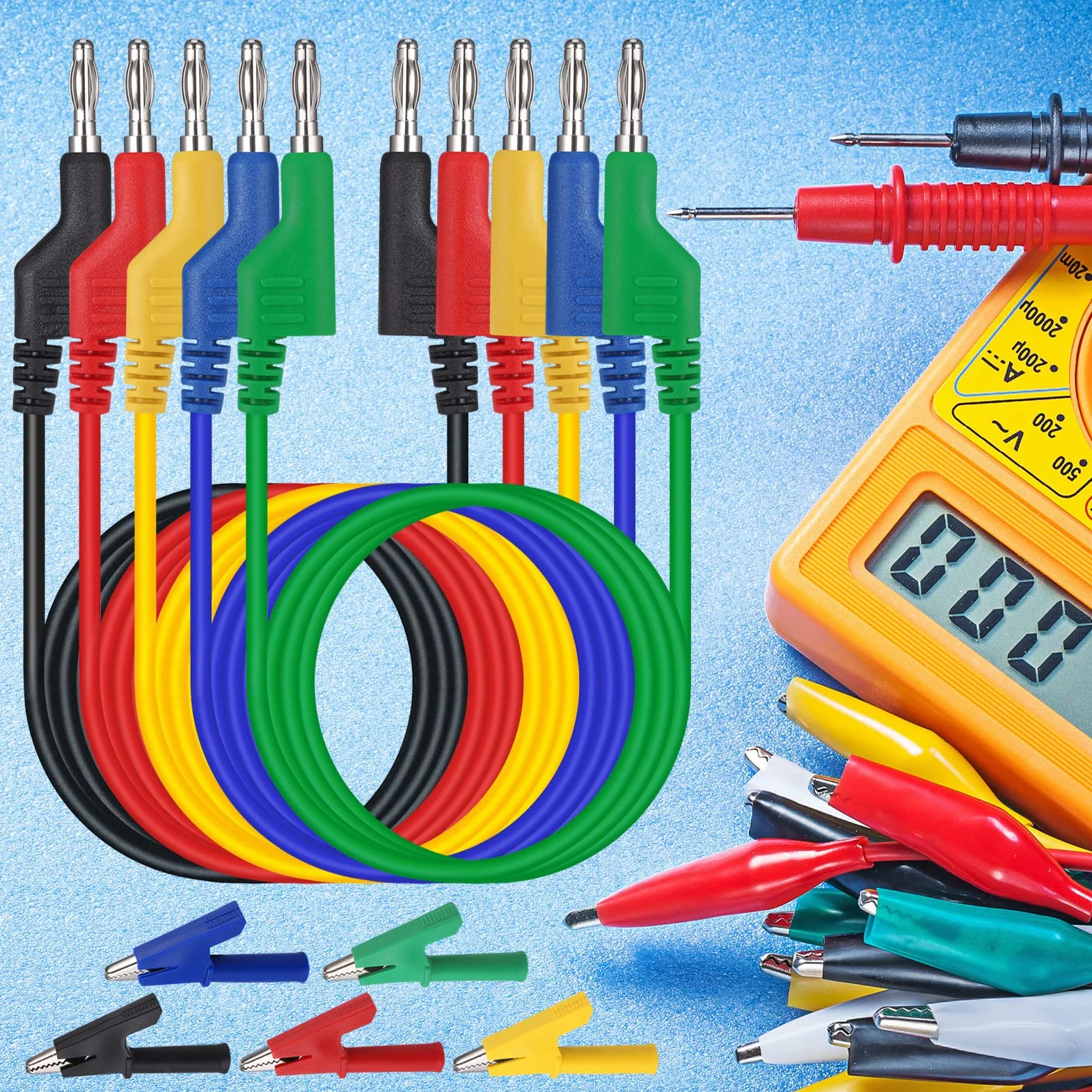 Hejo 15 Piezas Cables de Multímetro, Kit de Cable de Prueba de Sonda para Pruebas con Multímetro, 105cm 5 Colores Cable de Prueba de 4 mm con 10 piezas Pinzas de Cocodrilo