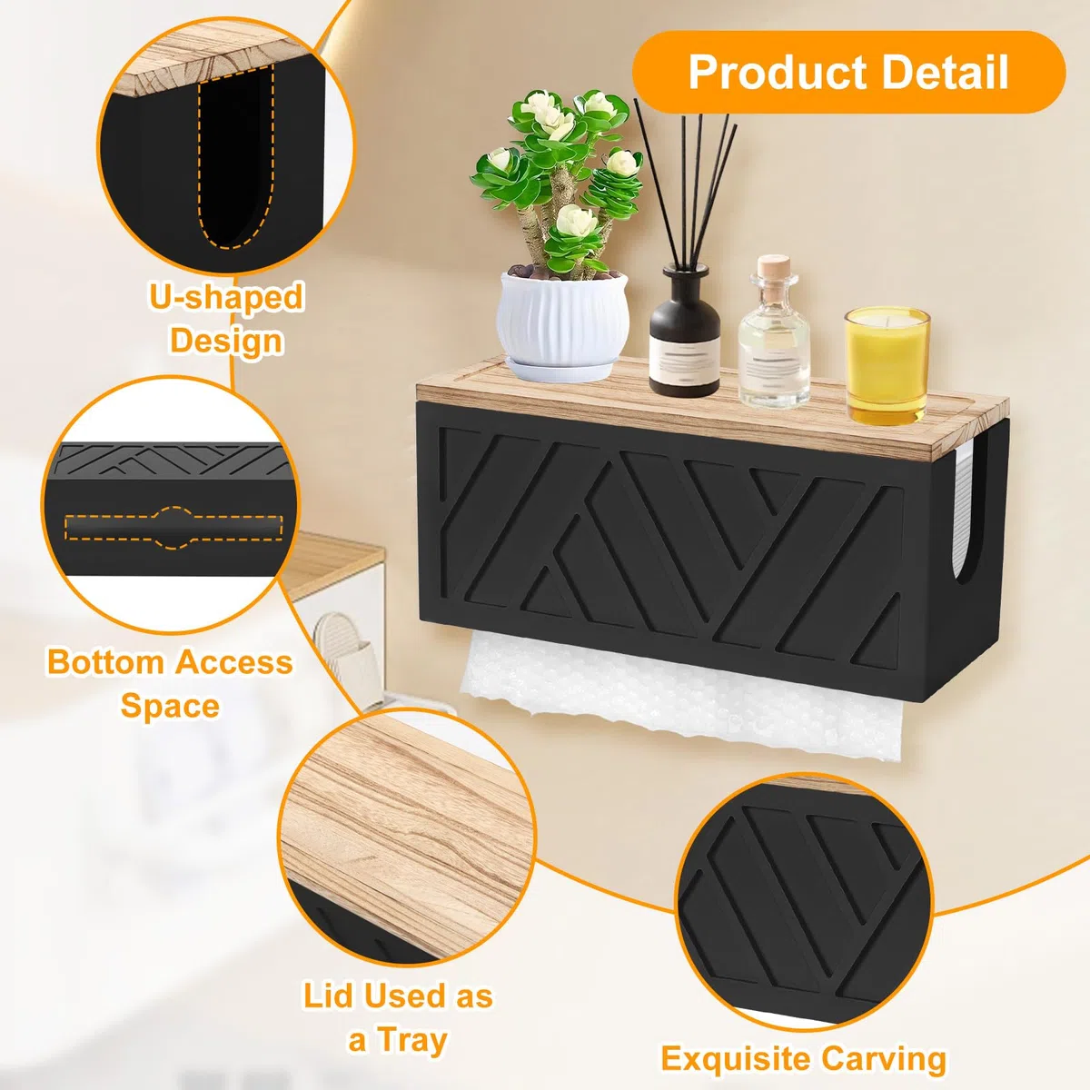 Dispensador Papel Secamanos, 30,5 x 12,5 x 14 Cm, Dispensador de Toallas de Papel de Madera, Dispensador de Toallas de Mano (Negro)