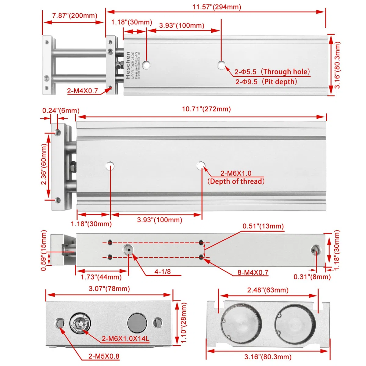 Heschen Cilindro neumático doble de aluminio CXSM 25-200 Placa de vástago de guía Doble vástago de guía Cojinete de deslizamiento neumático con cojín Diámetro de 25 mm Carrera de 200 mm Doble efecto
