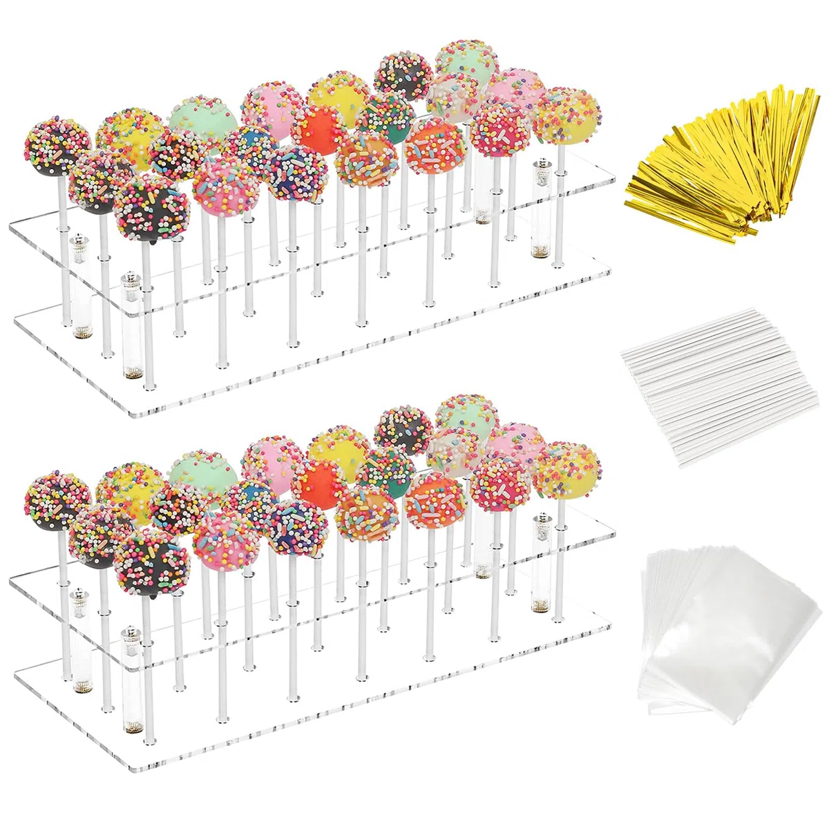 2 Piezas Soporte para Piruletas y Pop Cake, 21 Agujeros Soporte para Cake Pops de Acrílico con 100 Palitos de Piruleta, Expositor de Cake Pop para Bodas Baby Showers Fiestas de Cumpleaños