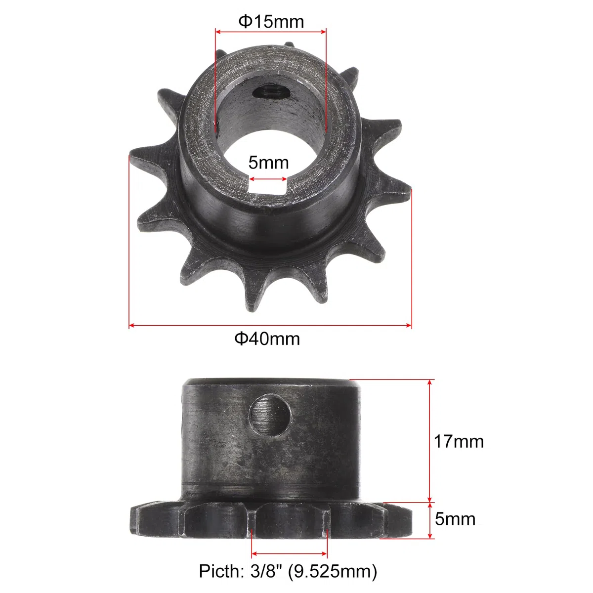 QUARKZMAN 2 Piezas Piñón de Cadena de Rodillos ISO/DIN 06B-1 Tipo B Diámetro de 15 mm Paso de 3/8" Piñón de Rodillo de una Sola Hilera de Acero A3 Endurecido con 12 Dientes