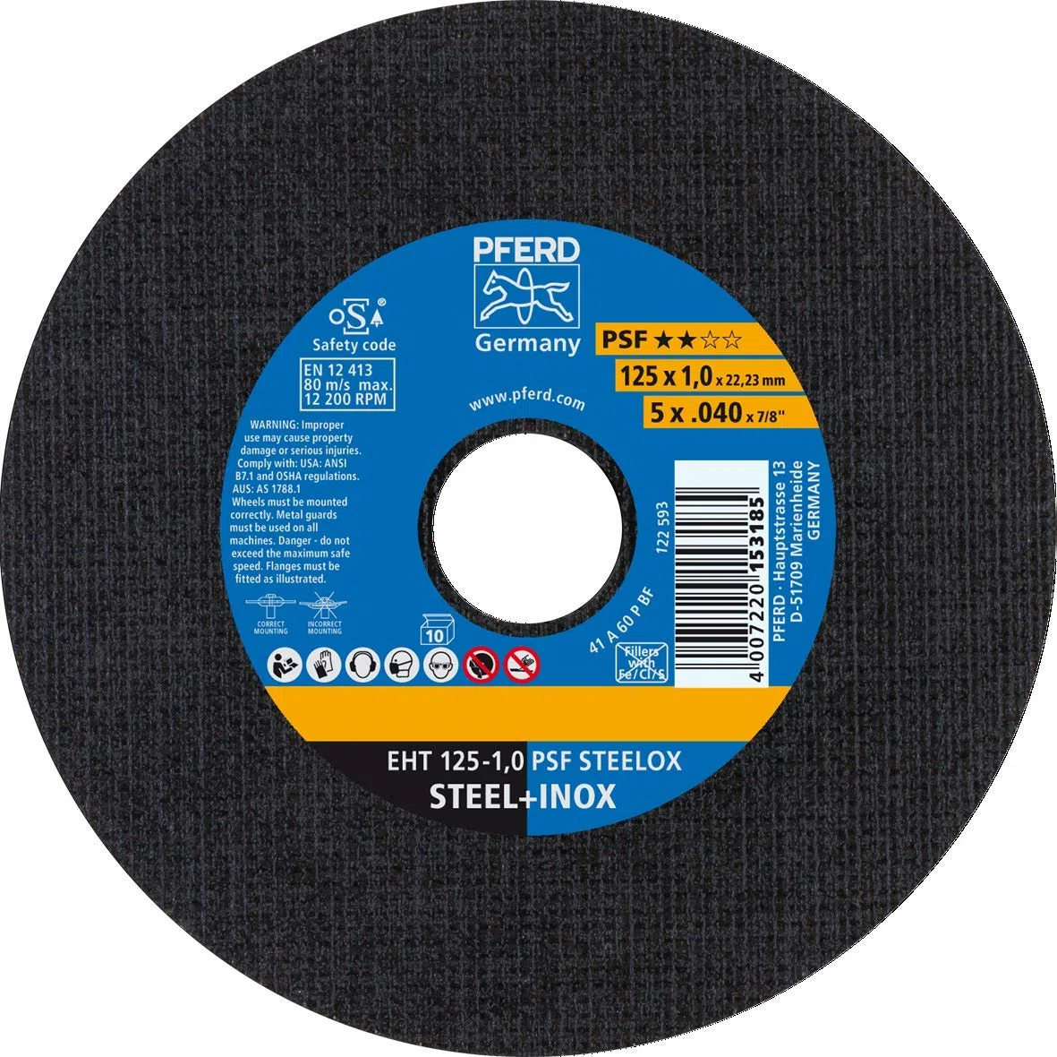 PFERD Disco de corte recto PSF STEELOX, 10 unidades, 125 x 1,0 x 22,23 mm, 61721110 – para acero y acero inoxidable (INOX) con alta potencia de separación y buena vida útil