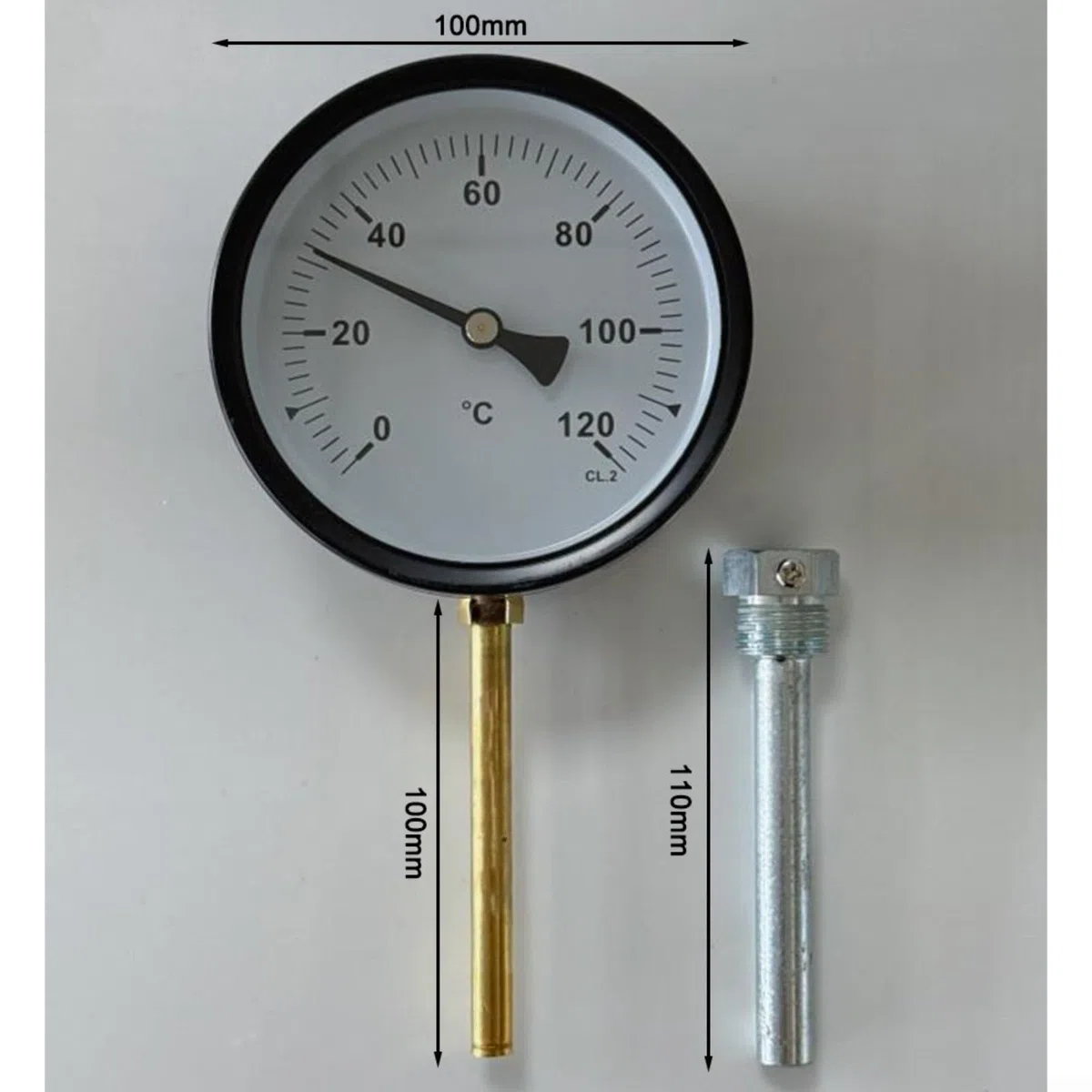 Termómetro bimetálico con esfera de 100 mm y funda de inmersión para calderas, calefacción central y usos de cocina al aire libre