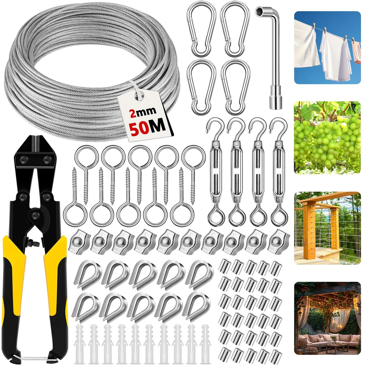 50M Cable Acero 2mm, 81pcs Cable de Acero Inoxidable 304 Recubierto de PVC con Cortador de Alambre, Tensores de Alambre Para Colgar Luces De Cadena,Toldos, Tendedero,Soporte Planta