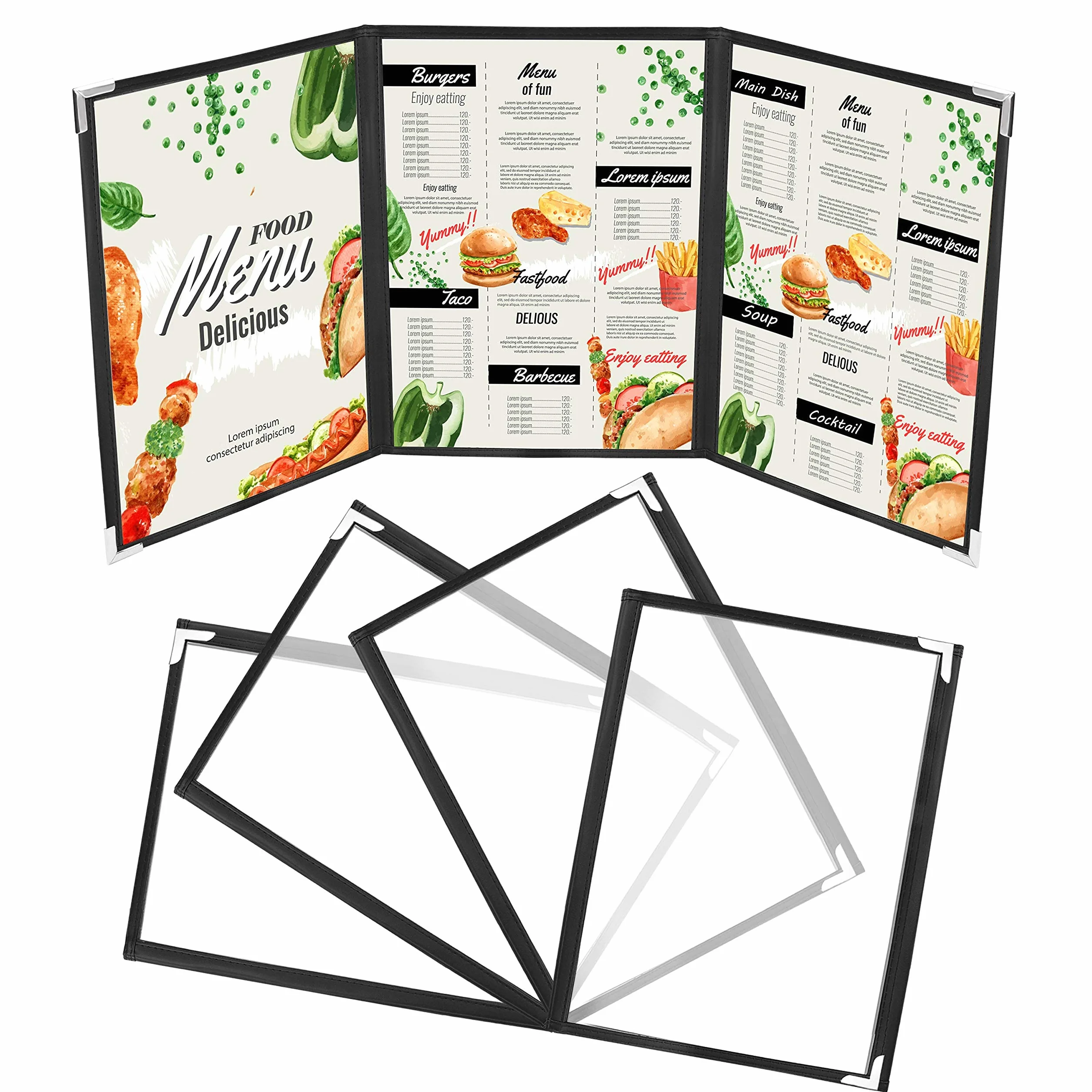 Kurtzy Funda para Cartas de Restaurantes Tres Pliegues A4 (Pack de 5) 3 Pliegues Vista Doble Estilo Americano - Fundas de Cartas Negras Protectores de Esquina – para Restaurantes, Bares, Cafés