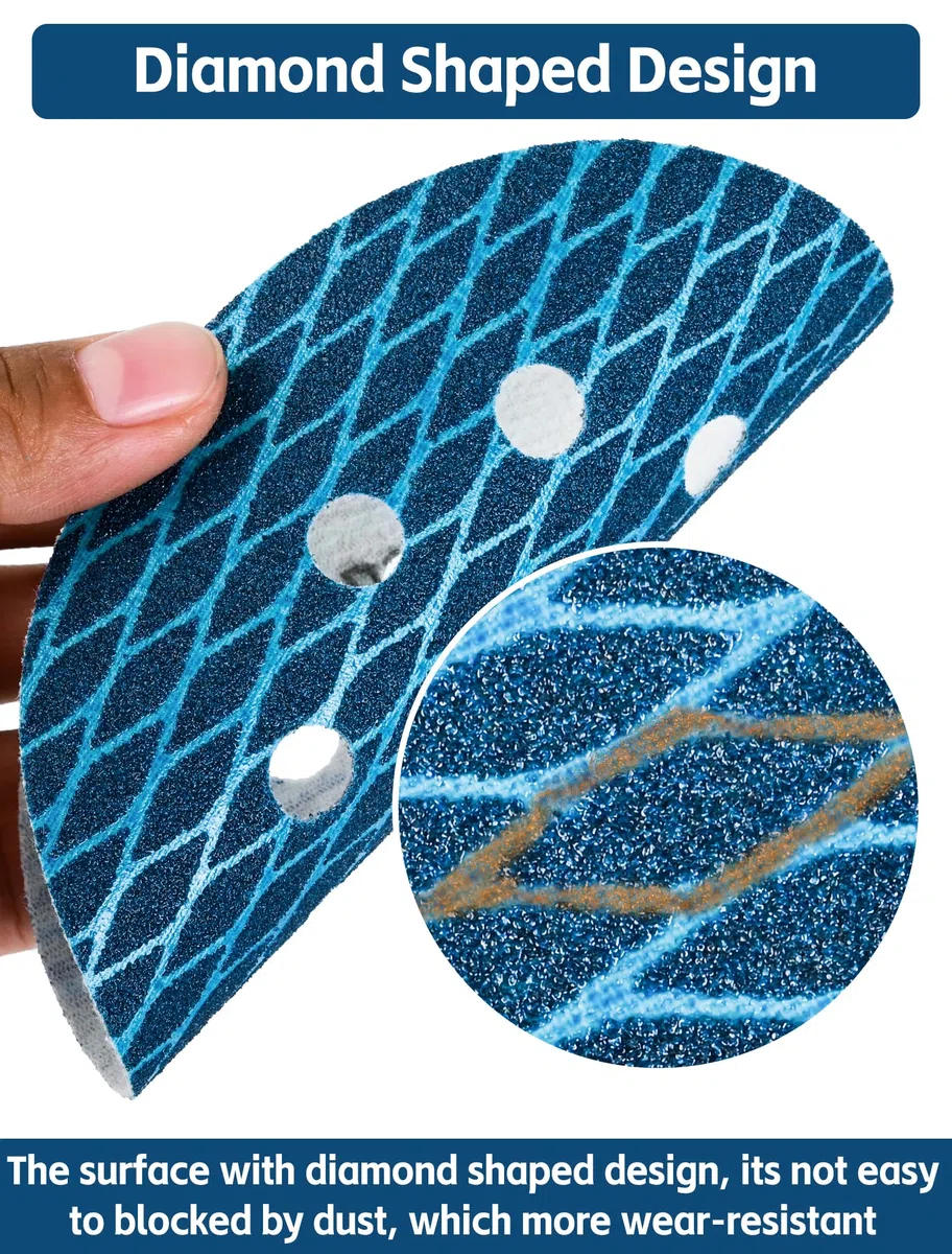 Discos de Lijado Azules 125 mm (5") - Forma de Diamante - Grano 120-32 Unidades - Sistema Hook and Loop Anti-Atascos - 8 Agujeros - Para Lijadoras Orbitales y de Disco