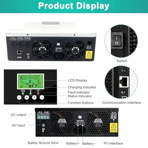 Inversor solar híbrido de 1,0 a 10,2 kW, 12 V, 24 V, 48 V, onda sinusoidal pura, cargador inversor fuera de la red con pantalla LCD y controlador de carga solar MPPT