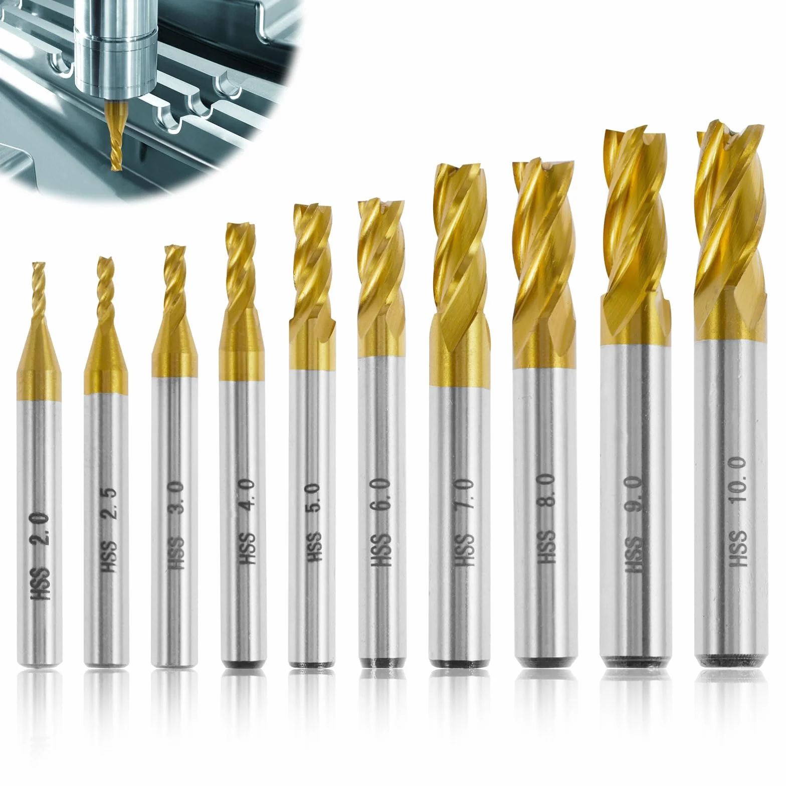 Juego de 10 fresas HSS metal duro 4 flautas VHM titanio fresas CNC 2-10 mm para plástico, metal, acero inoxidable, acero al carbono, aluminio, madera, acrílico