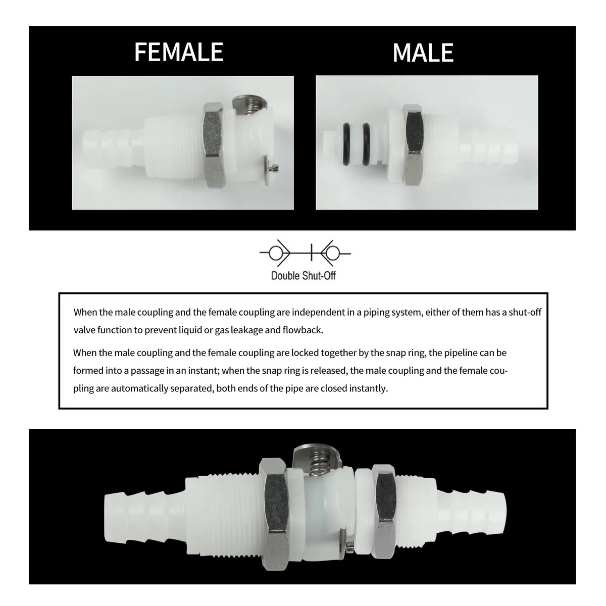2pcs 1/4"3/8"5/16"acoplamiento rápido en forma de horquilla de mangueras de plástico, con válvula de cierre, acoplamiento de liberación rápida montado en panel (2 conectores masculinos)(3/8)