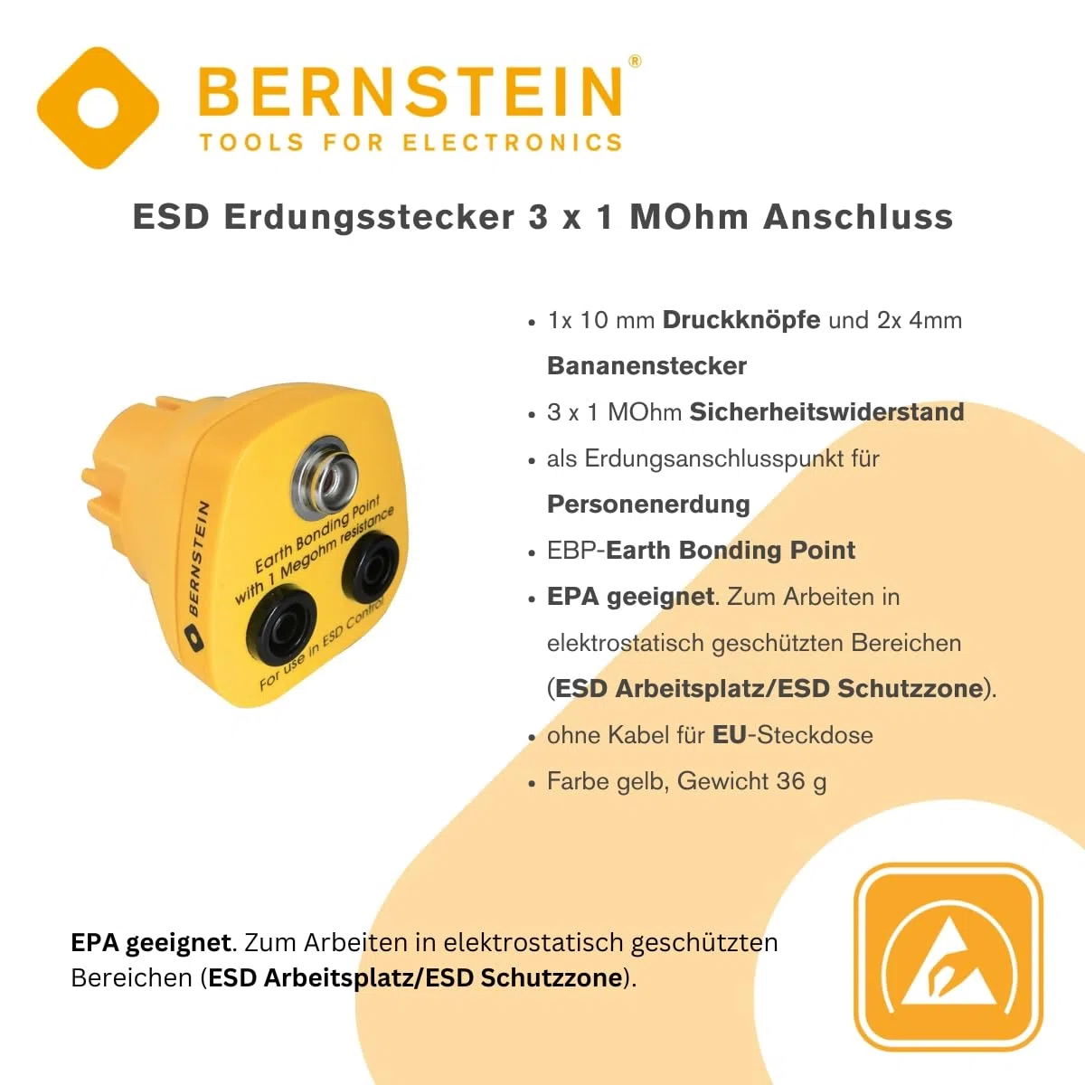 Conector de tierra ESD de ámbar – Botones de presión de 10 mm y conectores banana de 4 mm | Tierra personal perfecta con resistencia de 3 x 1 megaohm para enchufes de la UE