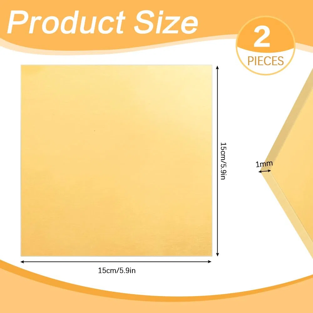 2 PCS Lámina de Latón 15cm X 15cm X 1mm, Chapa Dorada, Placa de Metal, Hoja Fina Color Oro Para DIY Artesanías Manualidades