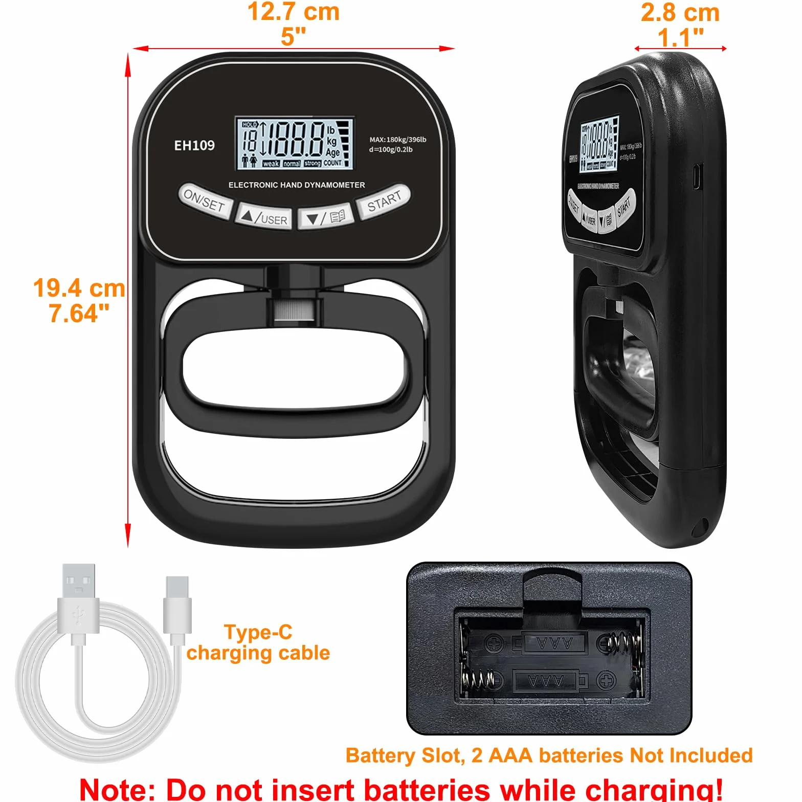 Dinamómetro Digital de Mano 180kg / 396lbs Fuerza de Agarre automático fortalecedor de agarre con pantalla LCD, ajustable para ejercitadores