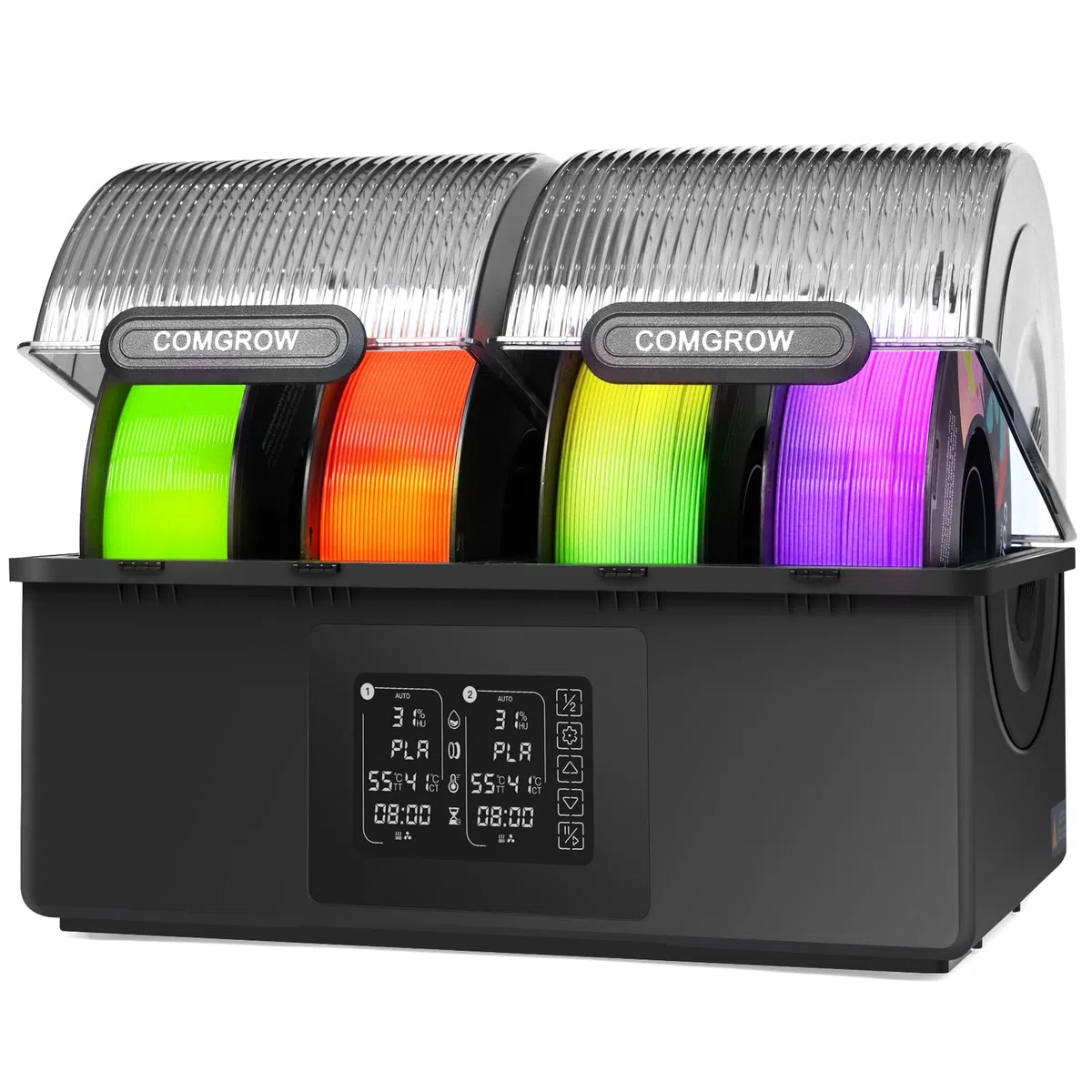 Secador de Filamento Comgrow SH03, Caja 4 Bobinas, Doble Calentamiento PTC 200W Rápido 85°C, 2 Cámaras Independientes, Deshumidificación Auto & Almacenamiento Sellado para PLA PETG ABS 1,75/2,85 mm