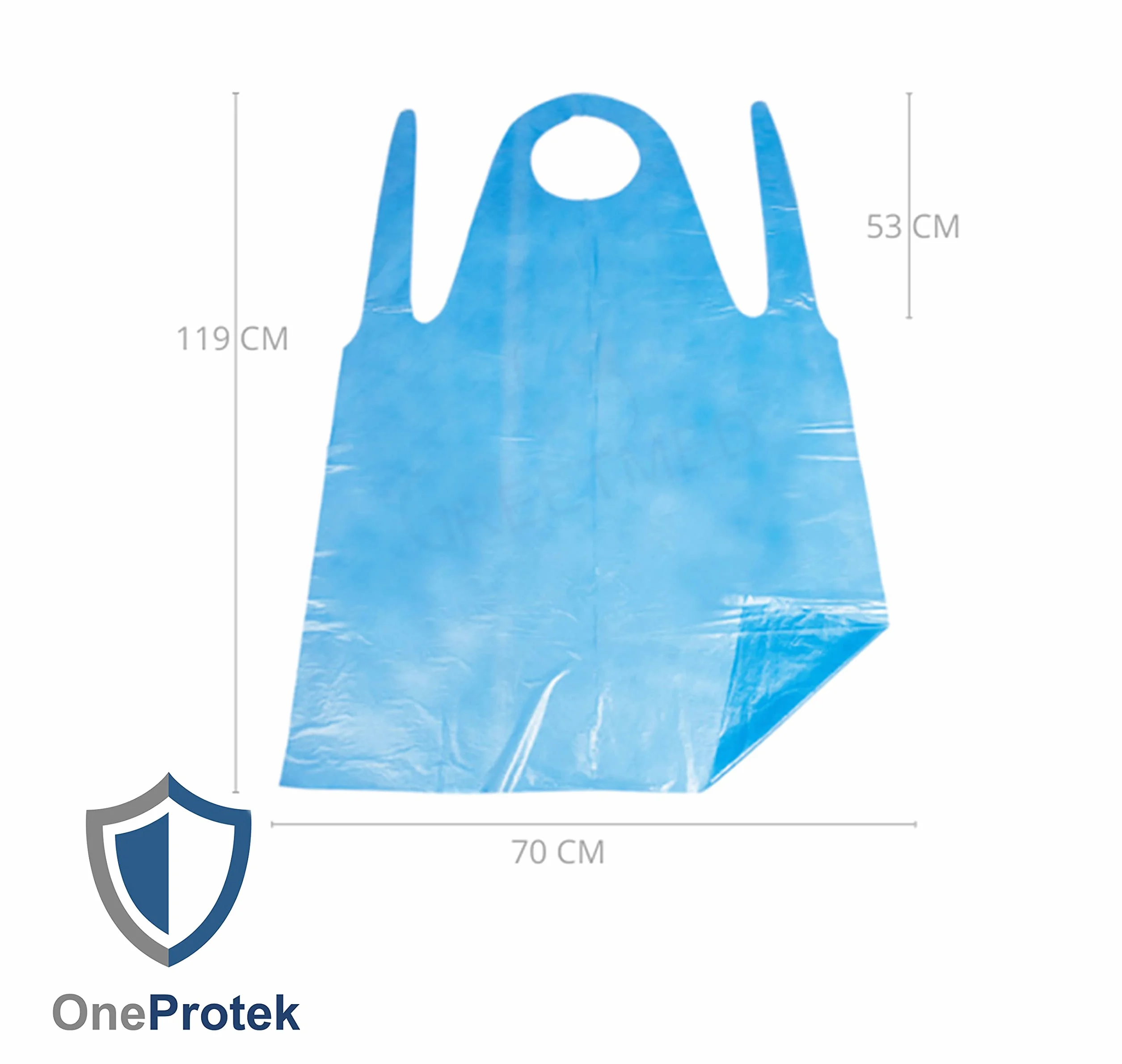 100 Delantales desechables PE Impermeables azules OneProtek - Polietileno (PE), 20 micras - Alta calidad, polivalente - Talla única (70x120 cm) - En bloque desprendible
