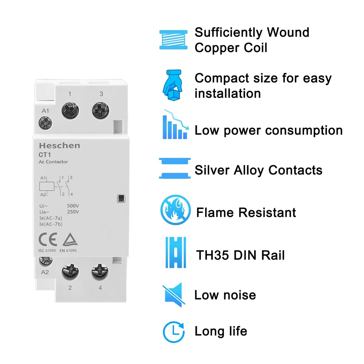 Heschen Contactor de CA para el hogar, CT1-40, Ie 40A, 2 polos, dos normalmente abiertos, voltaje de bobina de AC 220V, montaje en riel DIN de 35 mm