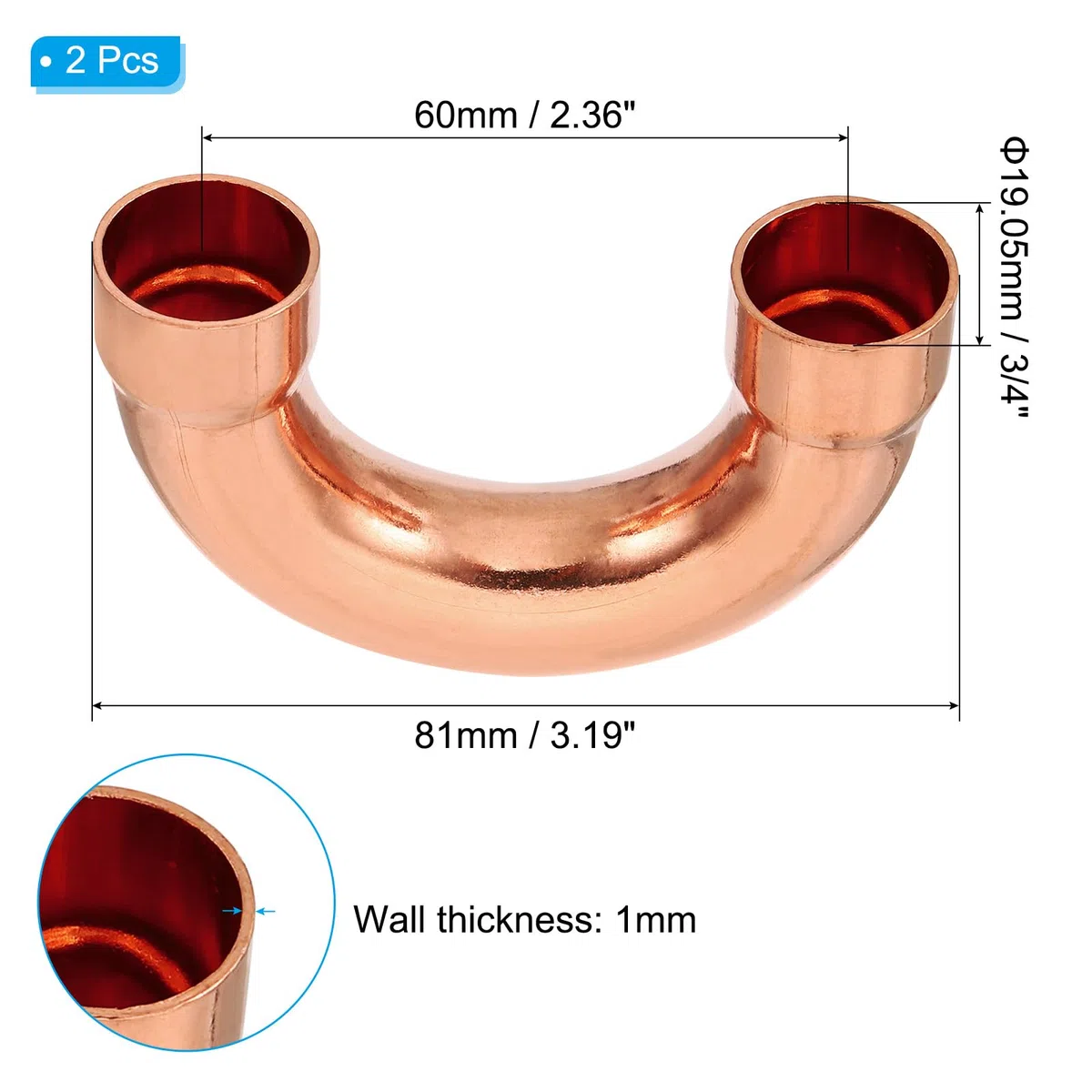 PATIKIL Conexiones de Tubería de Cobre de 3/4" ID, 2 Piezas Codo de Retorno 180 Grados Tubería de Cobre para Soldadura Por Sudor para Hidráulicos Aire Acondicionado HVAC Sistemas
