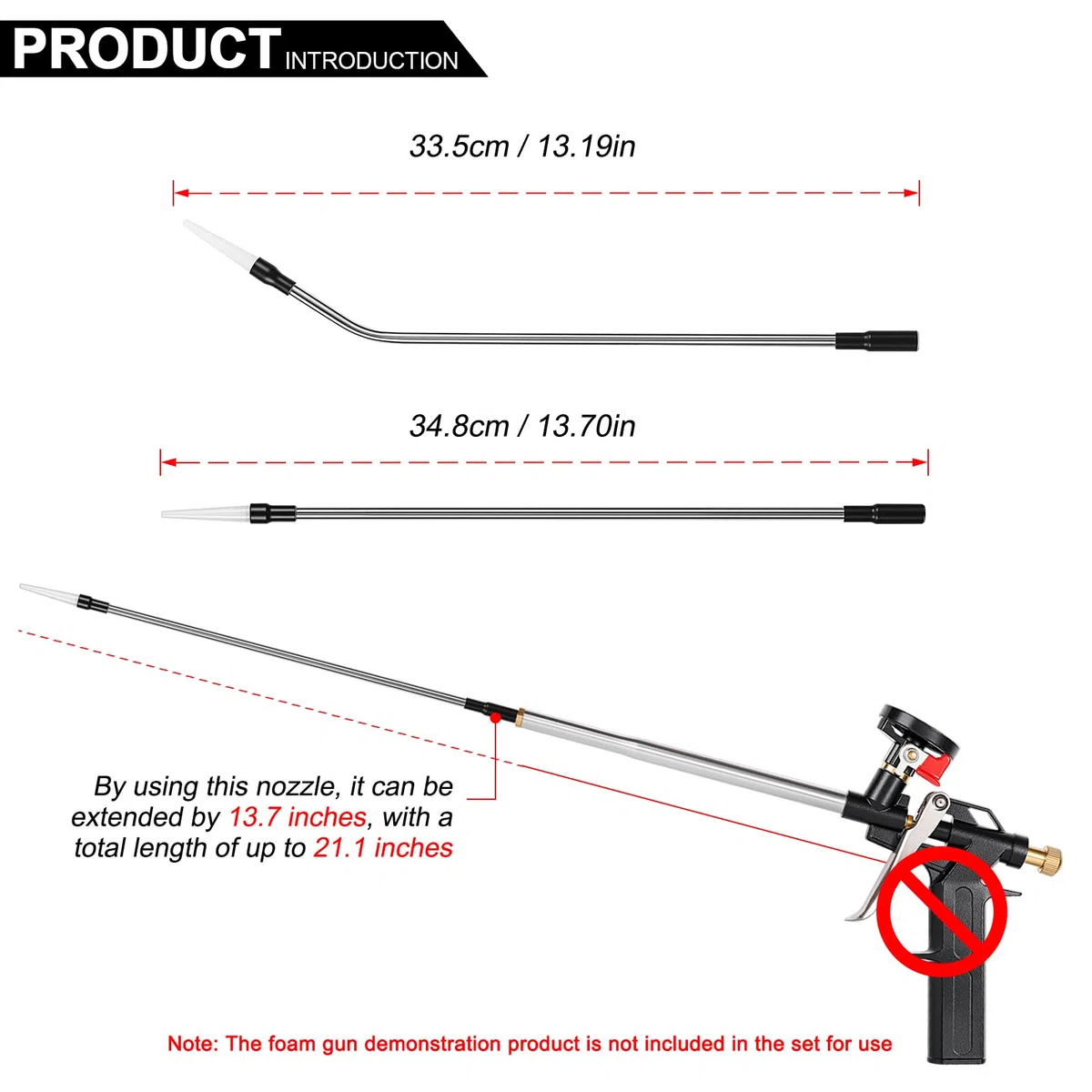 Pistola de plástico de espuma de poliestireno de acero inoxidable que extiende la boquilla 35 cm, que se utiliza para rellenar y sellar, aislamiento acústico y eliminación de ruido, taponamiento de