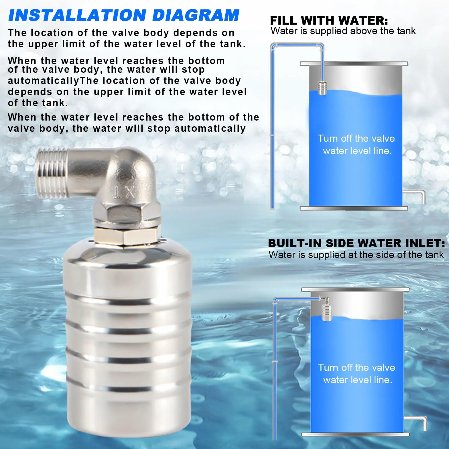 Válvula flotante de control de nivel de agua totalmente automática de acero inoxidable 304, controlador automático de nivel de agua para tanque de agua, (4 puntos de agua lateral + fuelle de 30 cm)