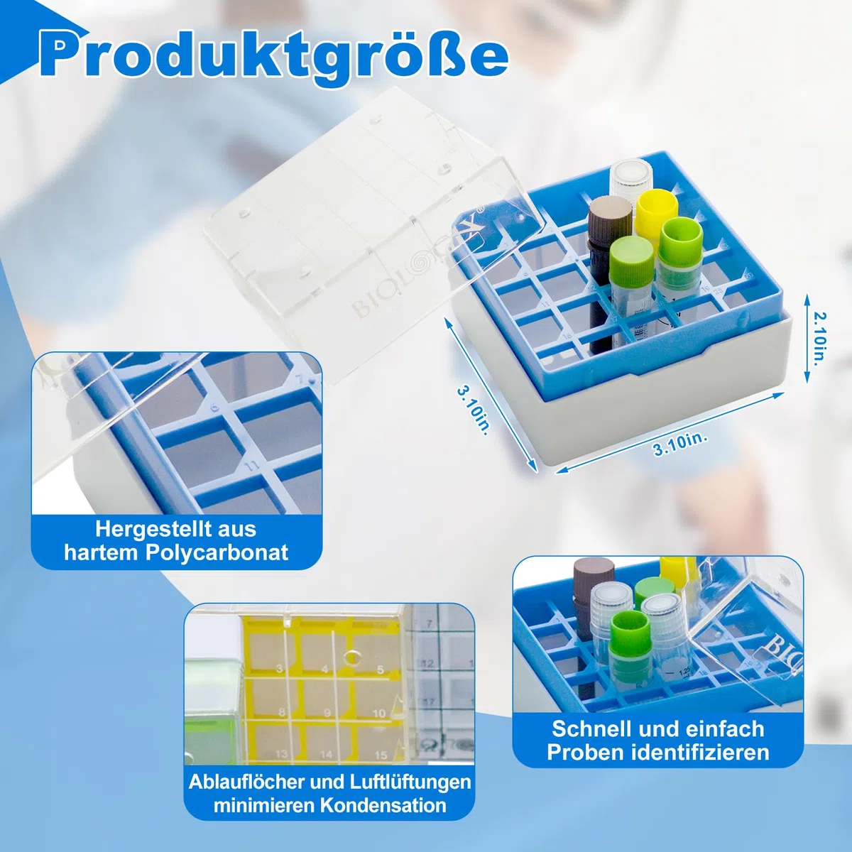 5 cajas criogénicas con codificación, contenedor de tubos de microcentrífuga, cajas de almacenamiento criogénico, 25 rejillas, PC, 2 pulgadas, 75 x 75 x 52 mm
