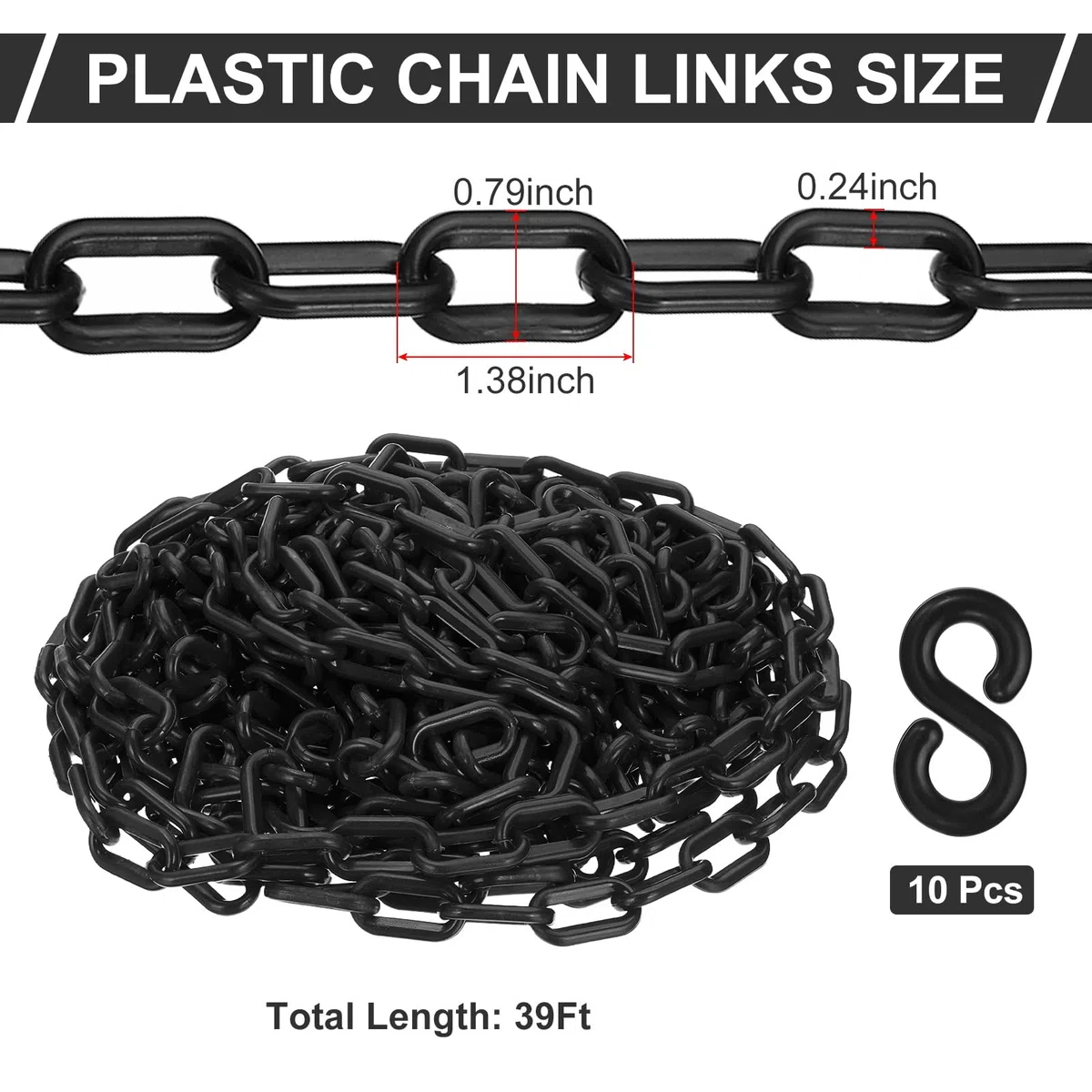 PATIKIL Cadena de plástico negra, 39pcs 6mm Cadena de barrera de seguridad para control de multitudes, estacionamiento, cerca, puerta, concierto