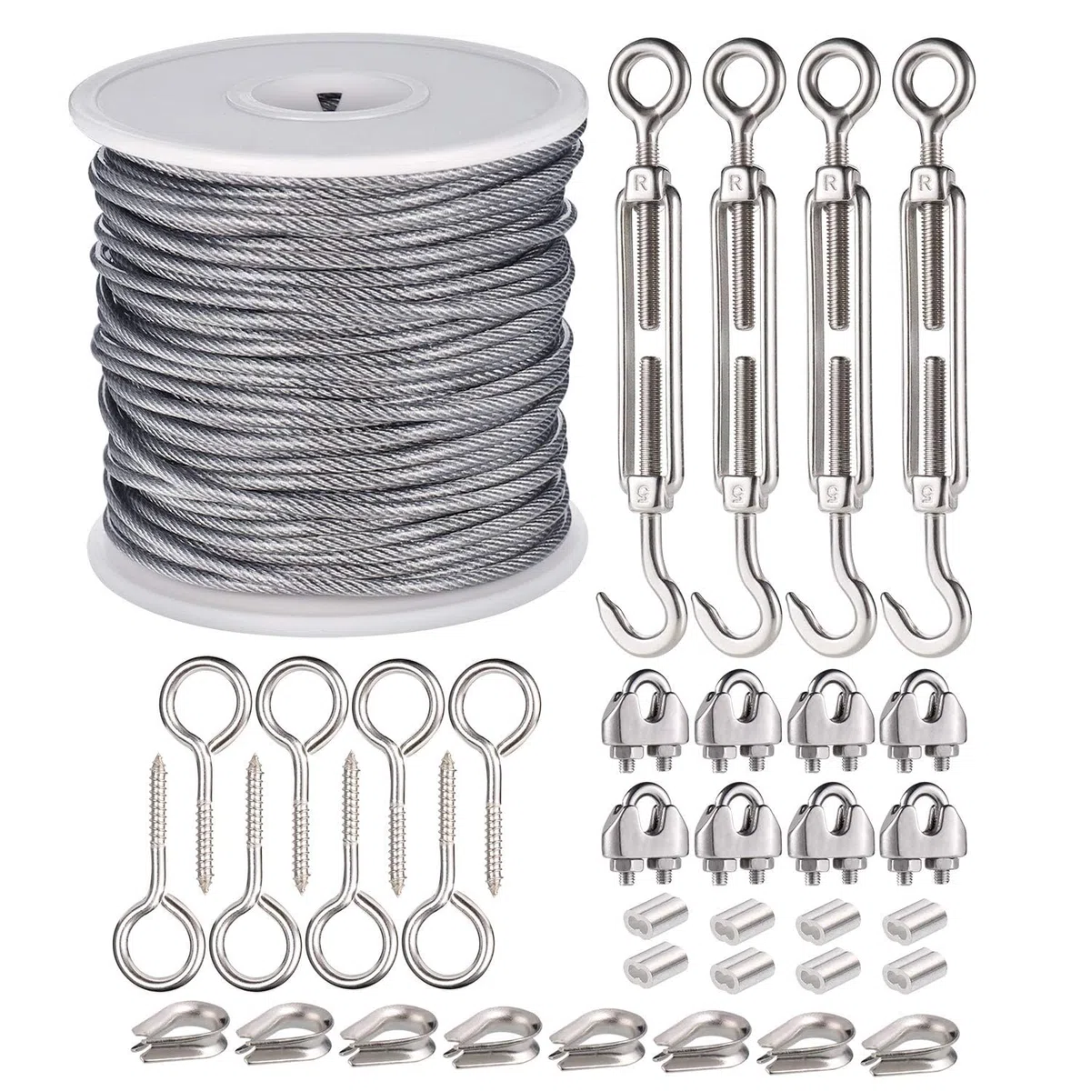 JIZZU 30m Cable de Acero Inoxidable, Kit Tensores de Alambre de 37Pcs con Tensores Alambre/Abrazadera, Tensor Cable Acero para Colgar Glicinia, Plantas Trepadoras, Tendedero Exterior, Lámpara Colgante
