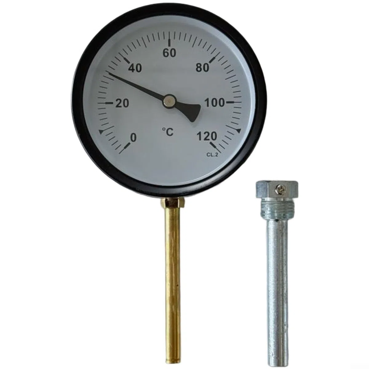 Termómetro bimetálico con esfera de 100 mm y funda de inmersión para calderas, calefacción central y usos de cocina al aire libre