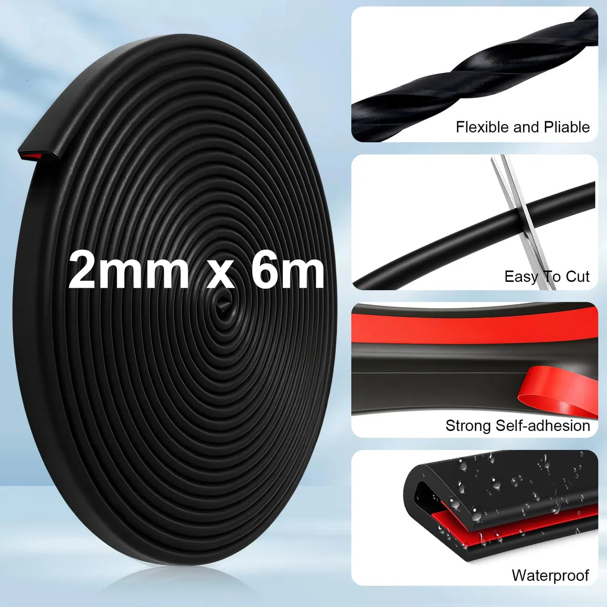 6M Perfil Goma Protector Bordes, Goma Puerta Coche en Forma de U Autoadhesiva, Protección de Borde con Tijeras, para Chapa, Puertas de Coche, Escotillas, Esquinas de Mesa(2mm)