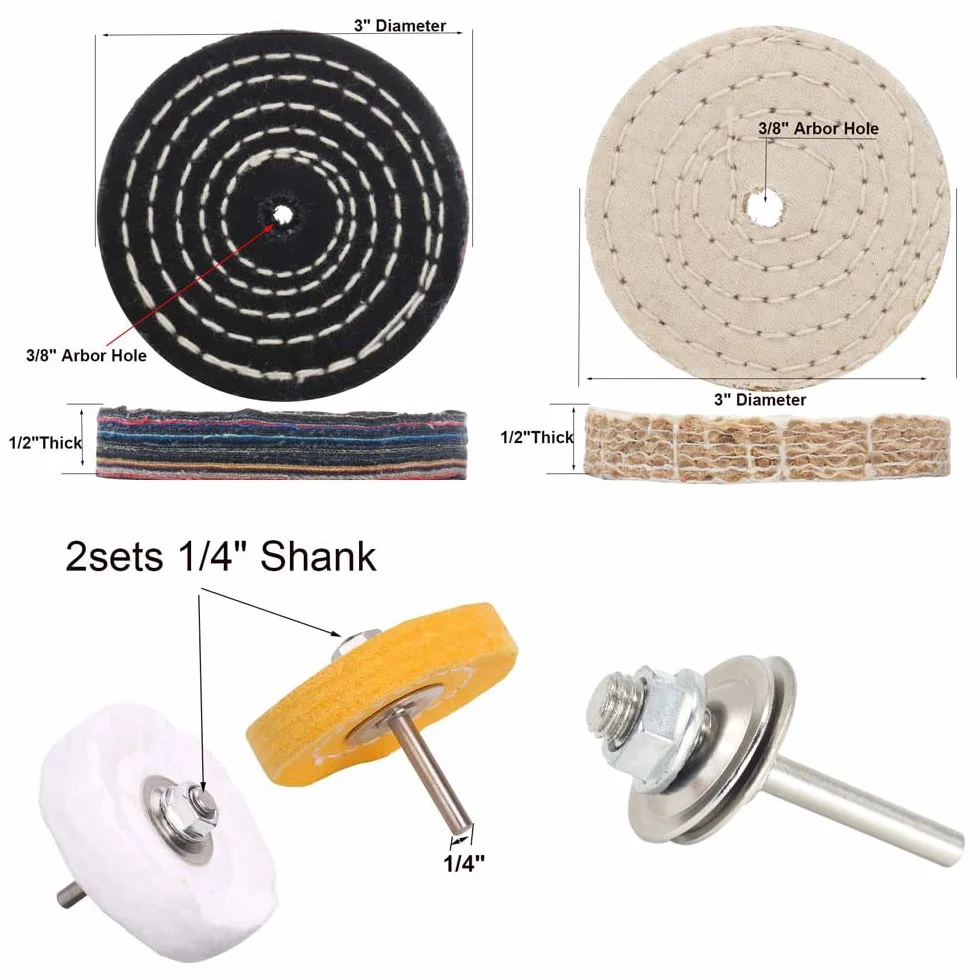 Discos de pulido de 3 pulgadas 30 capas fino 50 capas medio 36 capas / grueso1/2 pulgada/grueso 1/2 pulgadas de grosor 3/8 pulgadas agujero de mandril con 2 juegos de vástago de 1/4 pulgadas para