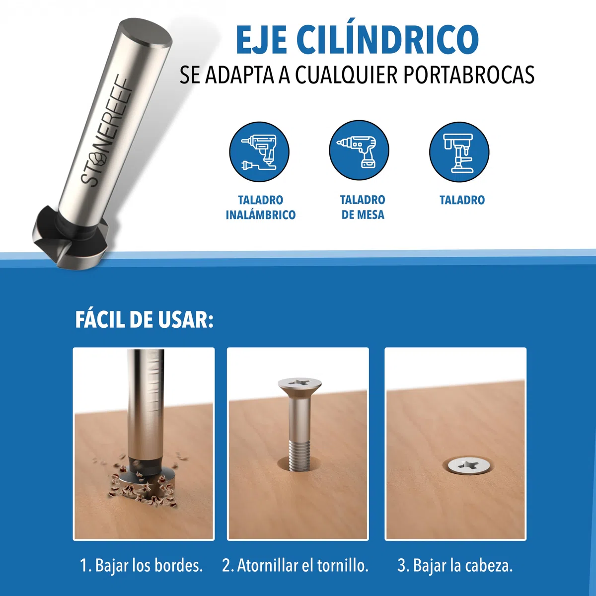 Juego de 4 avellanadores cónicos [6,3, 8,3, 10,5, 16,5 mm] HSS avellanador para metal y madera – avellanador de metal, avellanador de madera – Extra afilado por filo industrial – Cabe en portabrocas