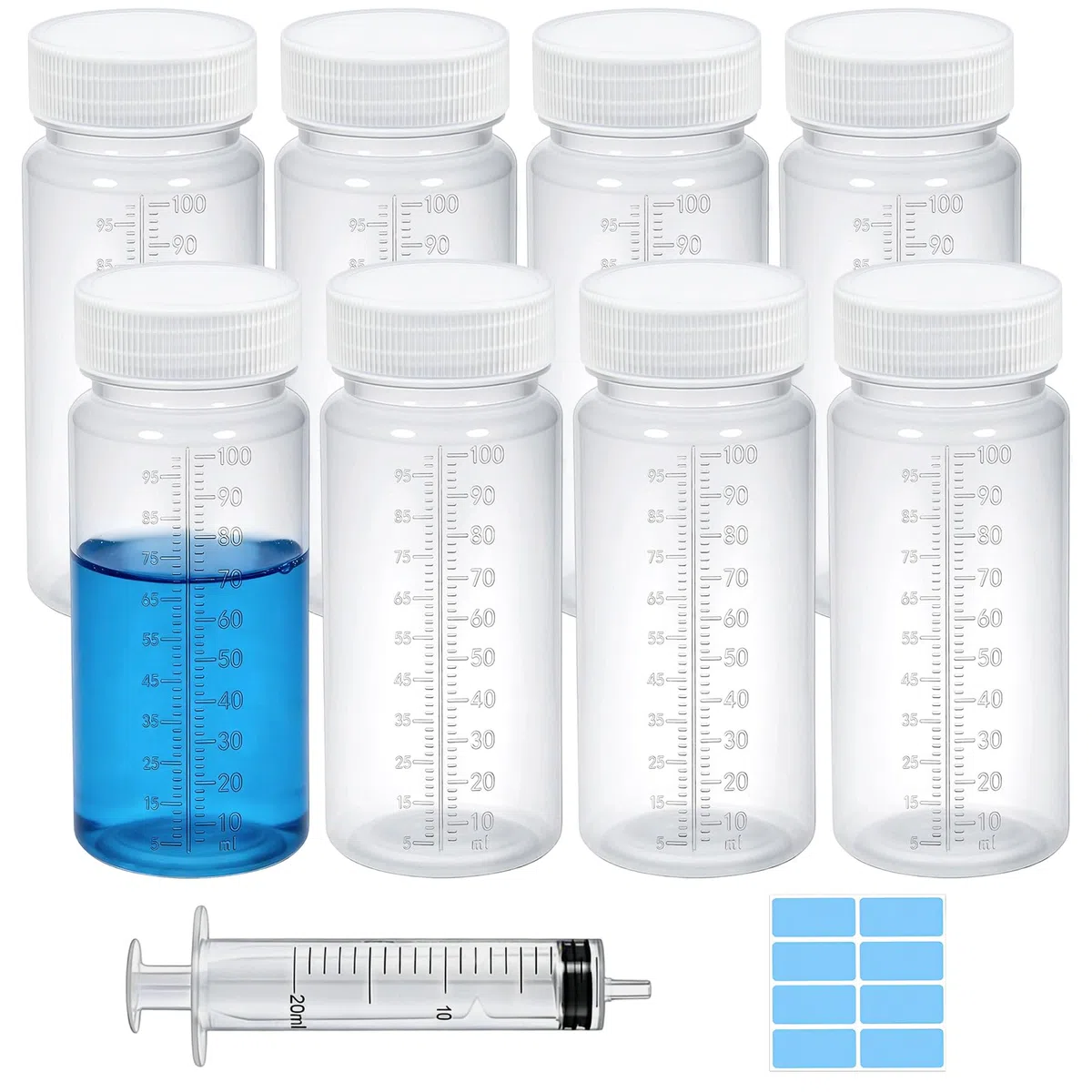 HavaCue 8 Piezas 100ml Botellas de Plástico de Boca Ancha con Escala, Transparente Botella de Reactivos de Boca Ancha, Botella de Laboratorio avec Jeringa y Pegatinas para Laboratorio, Escuela, Cocina