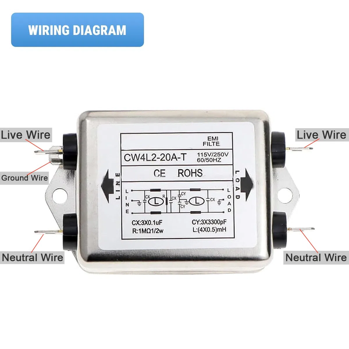 Filtro Emi de Línea de Alimentación, 115 V/250 V, 20 A, 50/60 Hz, Módulo de Filtro de Potencia Emi Cw4L2-20A-T, Terminal de Filtro Emi de Acondicionador de Línea Con Orificio de Tornillo de Montaje