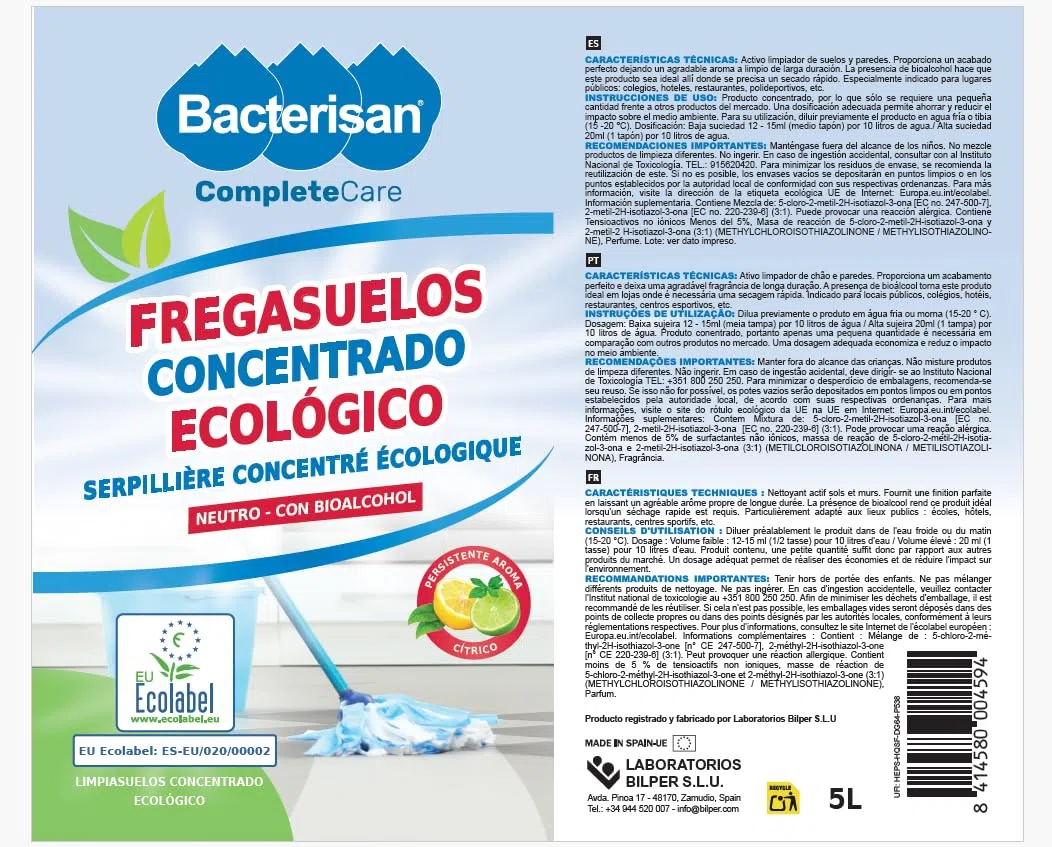 BACTERISAN Krisul Fregasuelos Ecológico Concentrado Y Perfumado | Activo Limpiador de Suelos y Paredes | Con Aroma a Limón de Larga Duración | Blanco | 5