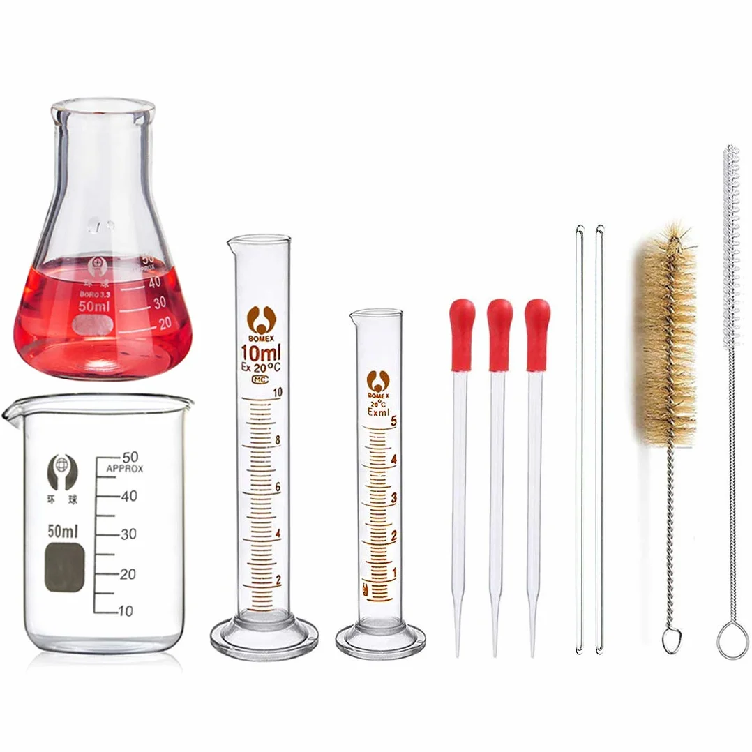 Juego de Matraz Erlenmeyer, JESSTOLO 50ml Matraces, 50ml Vídrio Graduado, 10ml/5ml Cilindros de Medición, con 3 Pipetas de Vidrio, 2 Cepillos de Limpieza y 2 Varillas de Agitación de Vidrio