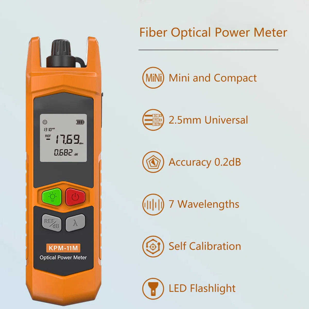 Mini Probador de Potencia óptica de Fibra, Medidor de Potencia óptica con Localizador Visual de Fallos, Probador de Cable de Fibra óptica de 7 Longitudes de Onda (KPM-11M-A-G)