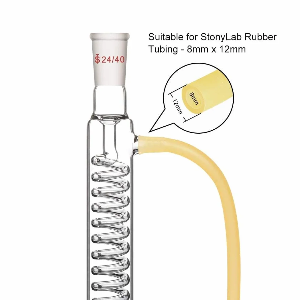 Condensador de vidrio de borosilicato con ajuste 24/40 de 300 mm de longitud de la chaqueta, tubo de condensador serpentino de vidrio de laboratorio, fácil de instalar