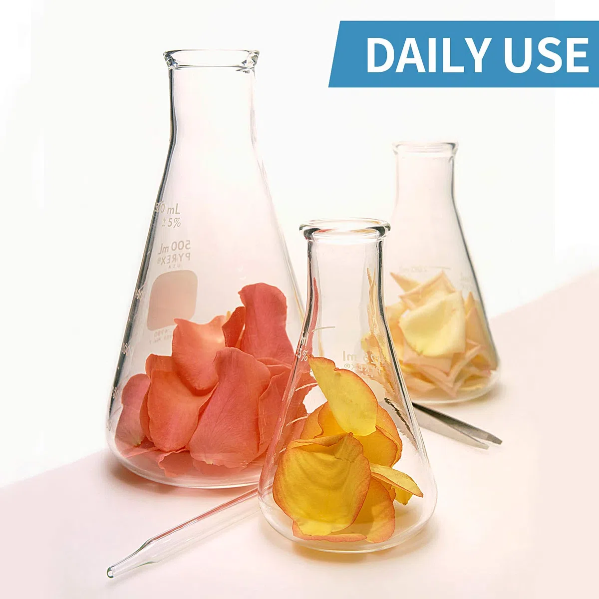 Yizerel Juego de frascos de vidrio Erlenmeyer (250 ml, 150 ml y 50 ml) de vidrio de borosilicato graduado con tapones de goma y escalas precisas para laboratorio, estudios científicos, etc.