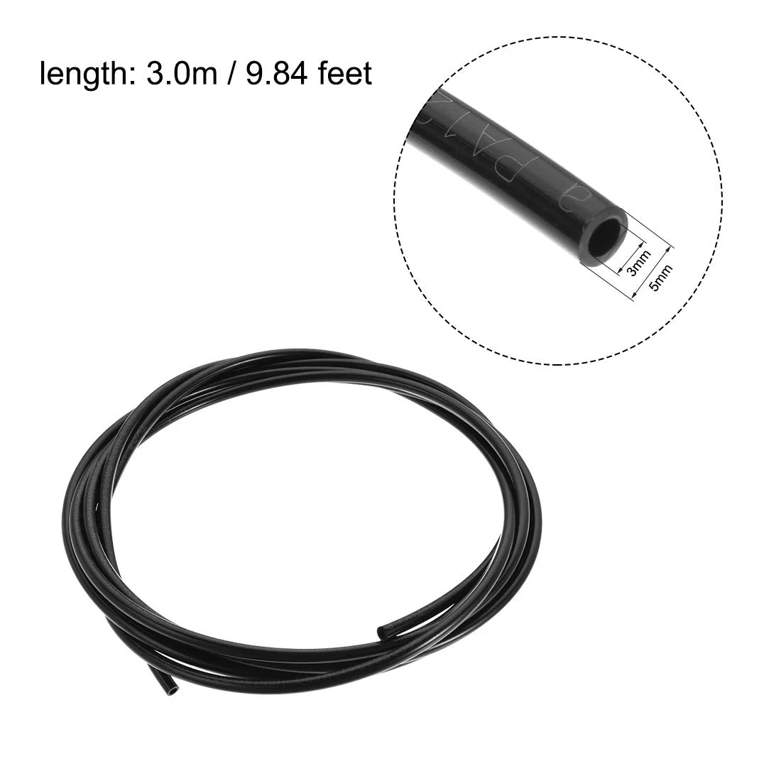 sourcing map Nylon Línea Manguera Tubo, 3mm(0.11") ID x 5mm(0.19") OD 3 M PA6 Nylon Tubo Neumático Aire Freno Tubería para Fluidos Transferencia Negro
