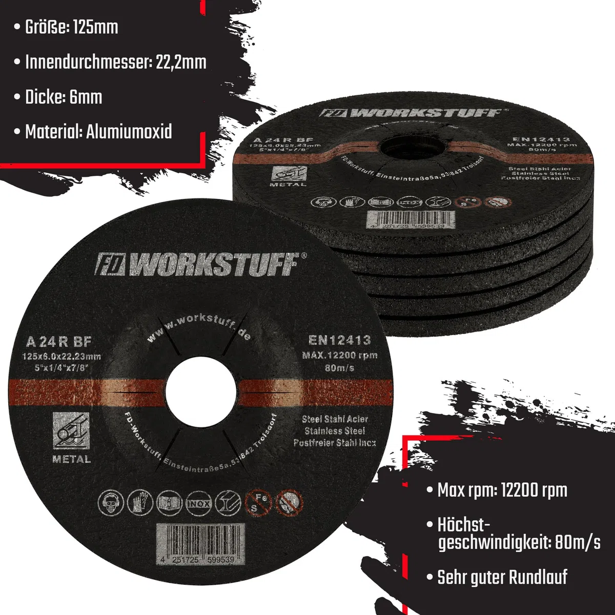 Fd-Workstuff Discos de desbaste, 10 unidades, diámetro de 115 x 6 mm, para amoladora angular o de corte, discos abrasivos, para acero y metal no ferroso