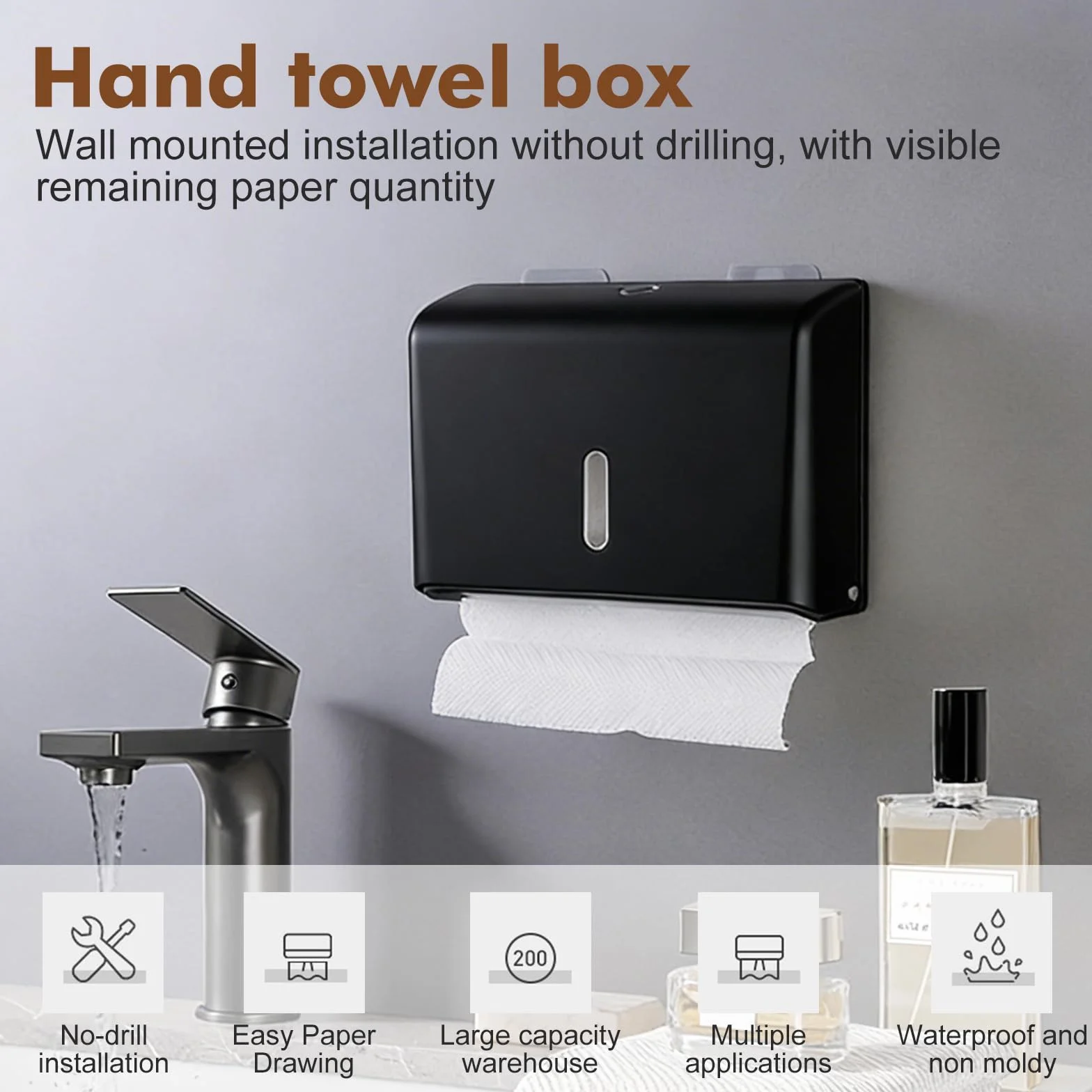 Dispensador de toallas de papel, dispensador de toallas, 200 + hojas, dispensador de toallas multifold, dispensador de toallas multifold, sin agujeros, dispensador de pañuelos montado en la pared para