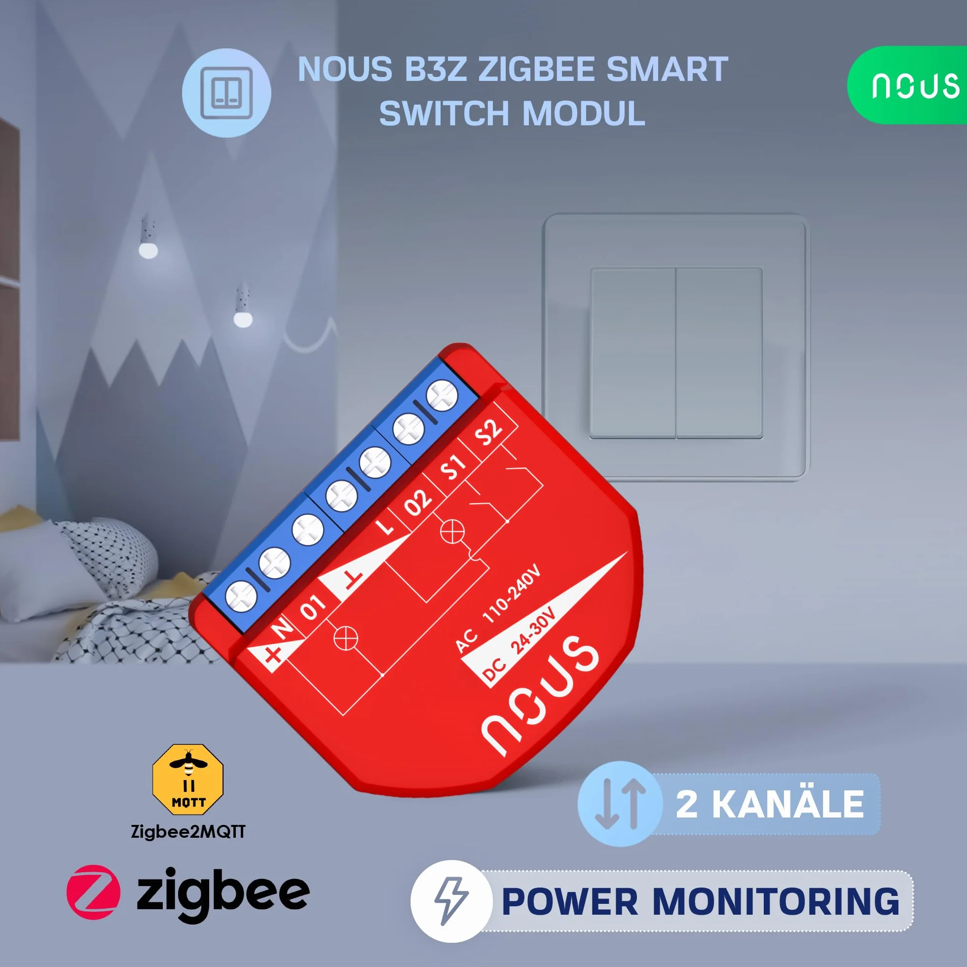 ZigBee Dual Smart Relay Module con monitoreo de energía, 2 canales independientes, CA 16 A/DC 10 A, compatible con Alexa, Zigbee2MQTT, Home Assistant, Tuya y Google Home, requiere concentrador ZigBee