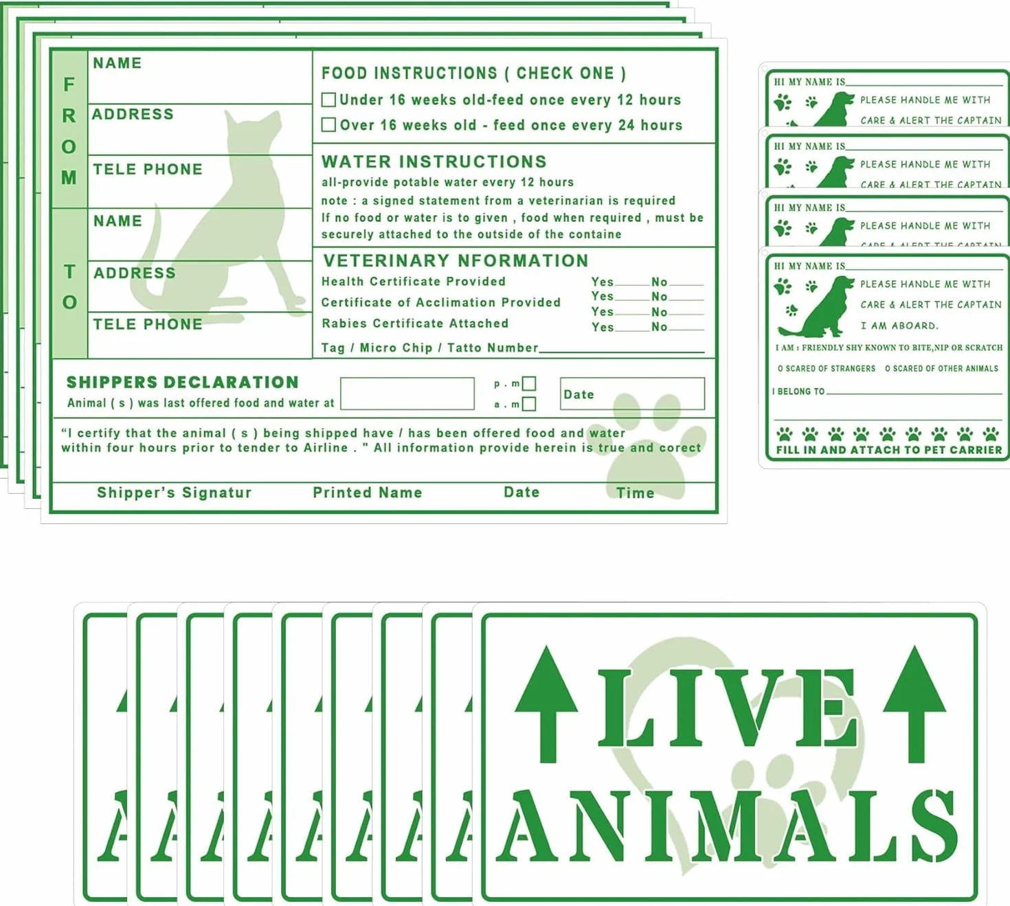 20 pegatinas de animales en vivo con flecha para envío y manejo de la caja de carga de aire y etiquetas de animales en vivo